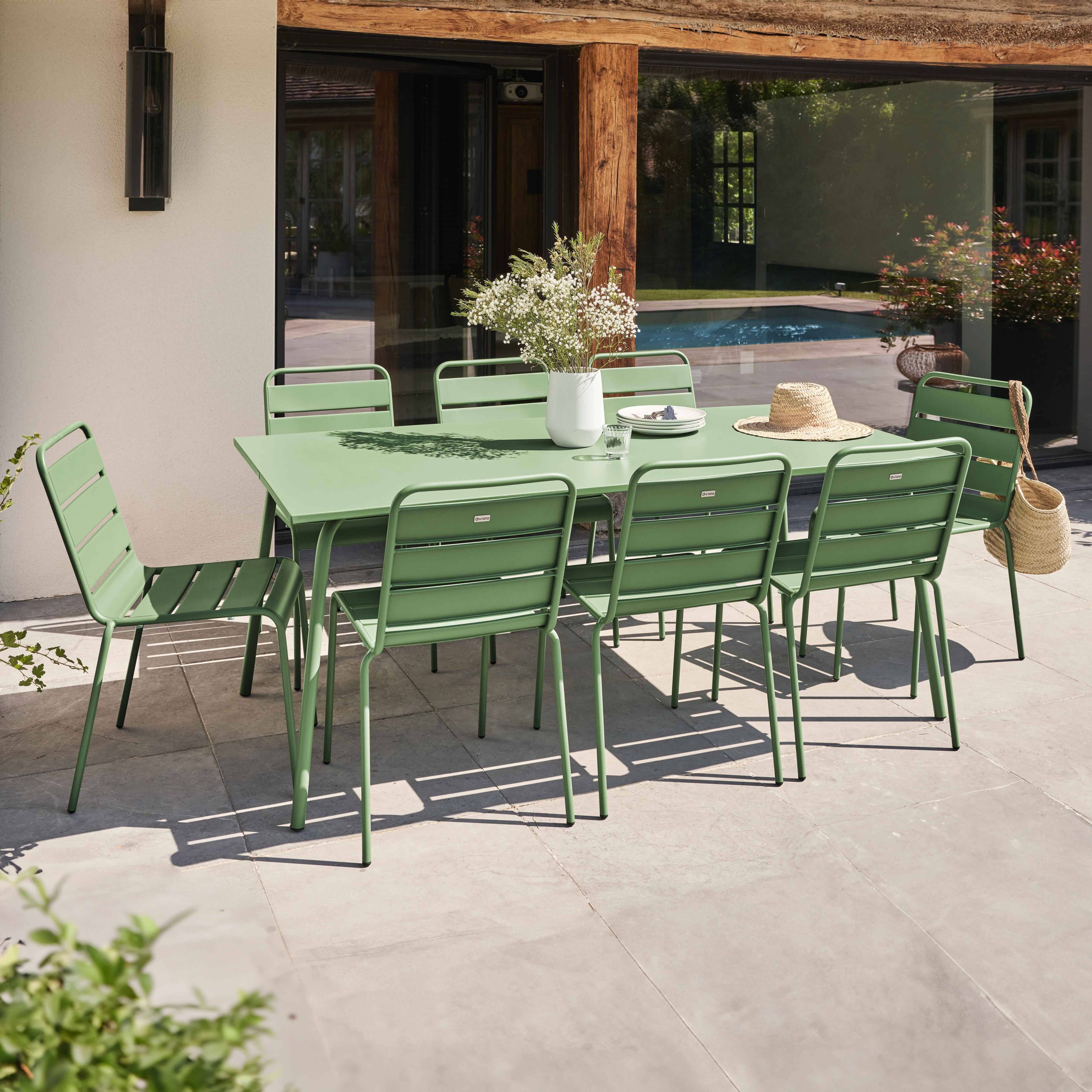 Oviala - Ensemble table de jardin et 8 chaises en métal vert cactus Palavas - Oviala - Imagen 2