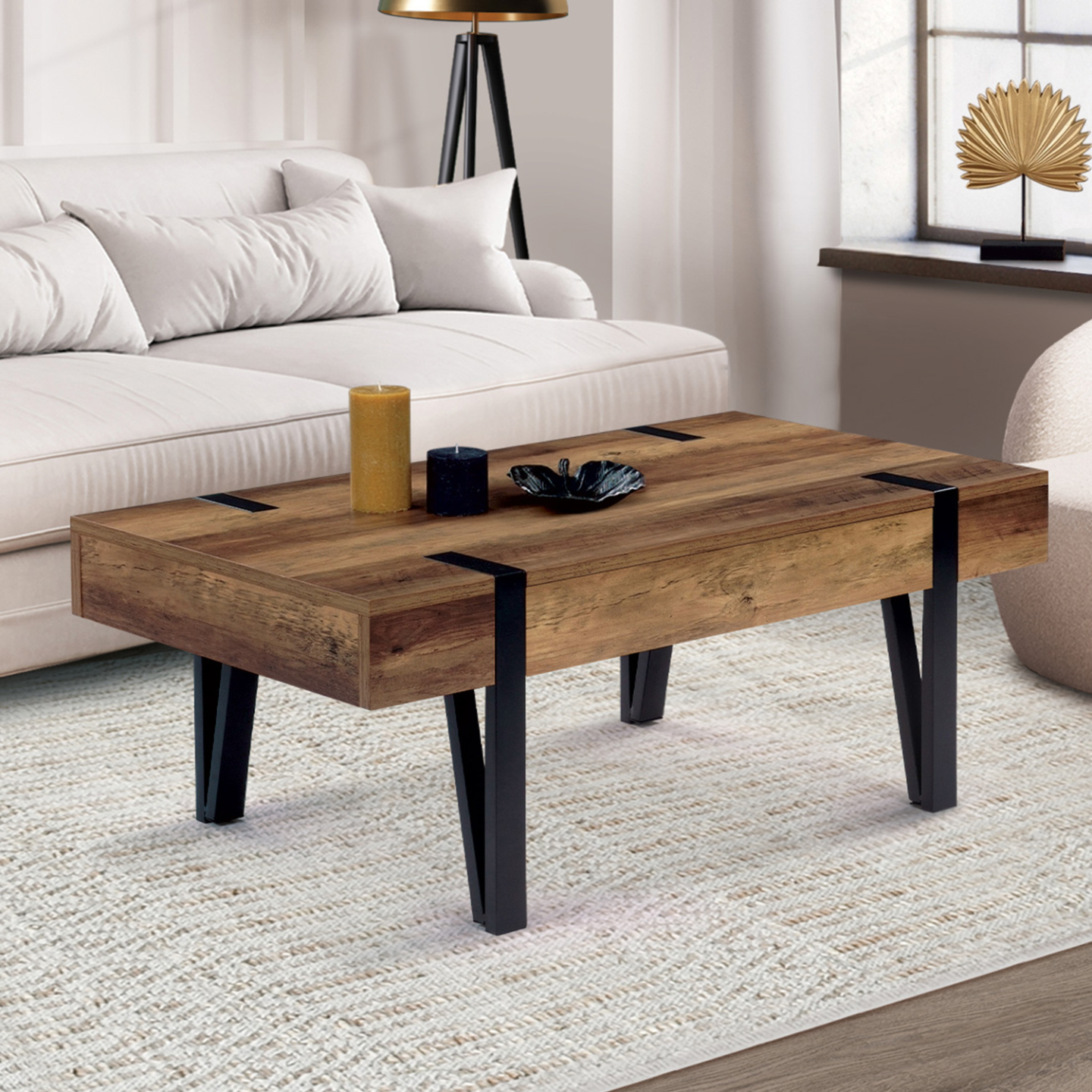 Table basse rectangulaire 1 tiroir AUSTRIA 100 cm bois pied épingle noir - Image 1