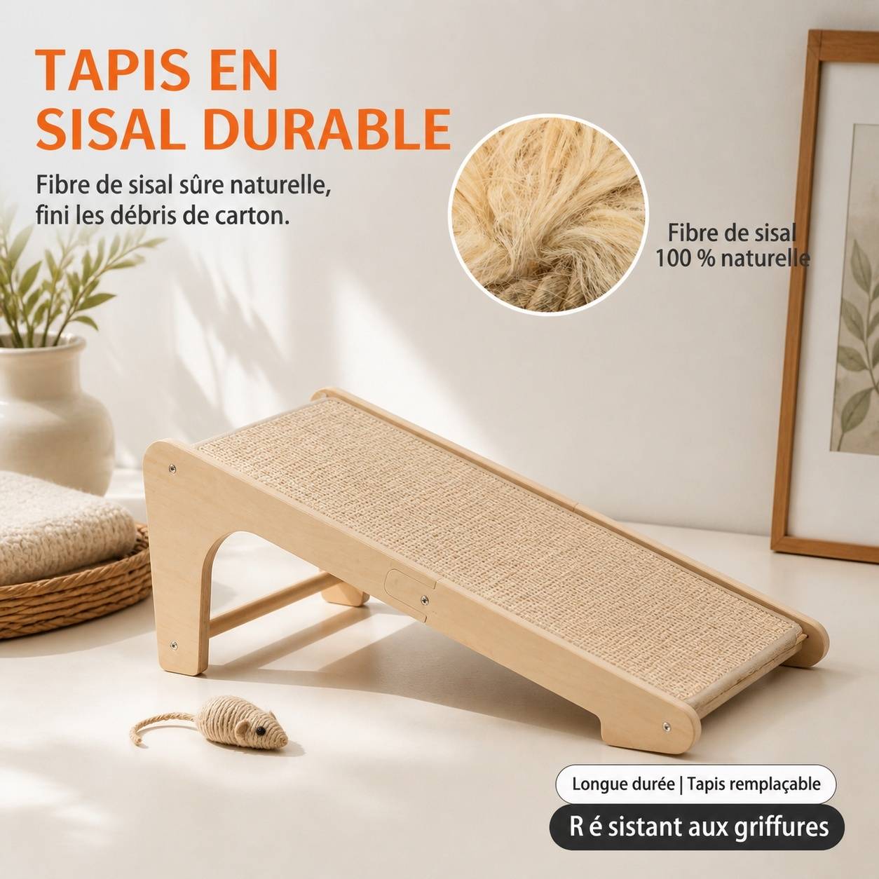 Grattoir pour chat en sisal L shape mural ou sol avec souris incluse - Image 4