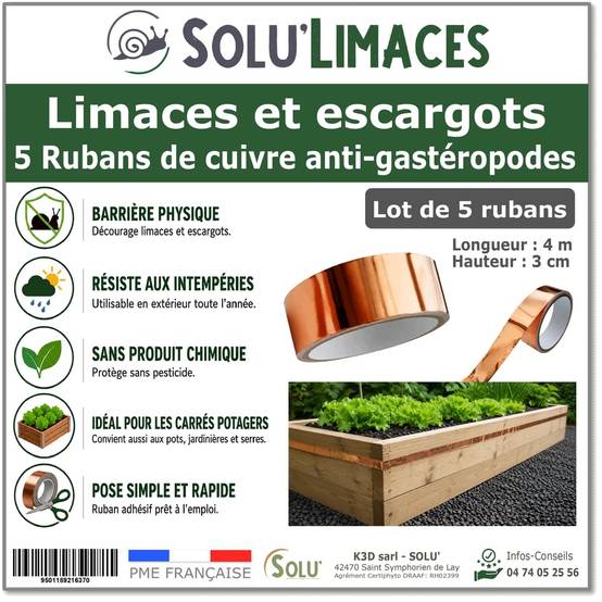 Tout pour les nuisibles - 5 Rubans de Cuivre Anti-Limaces et Escargots SOLU'LIMACES -Barrière Physique Adhésive pour Potager, Jardinières, Pots et Bacs de Culture - Image 1