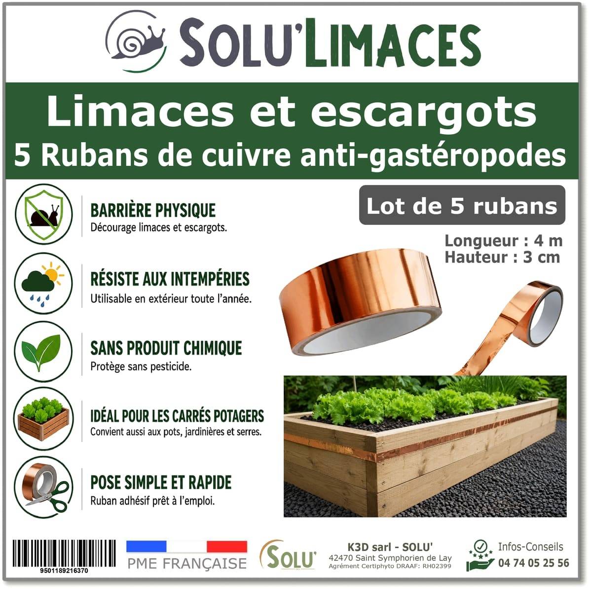Tout pour les nuisibles - 5 Rubans de Cuivre Anti-Limaces et Escargots SOLU'LIMACES -Barrière Physique Adhésive pour Potager, Jardinières, Pots et Bacs de Culture