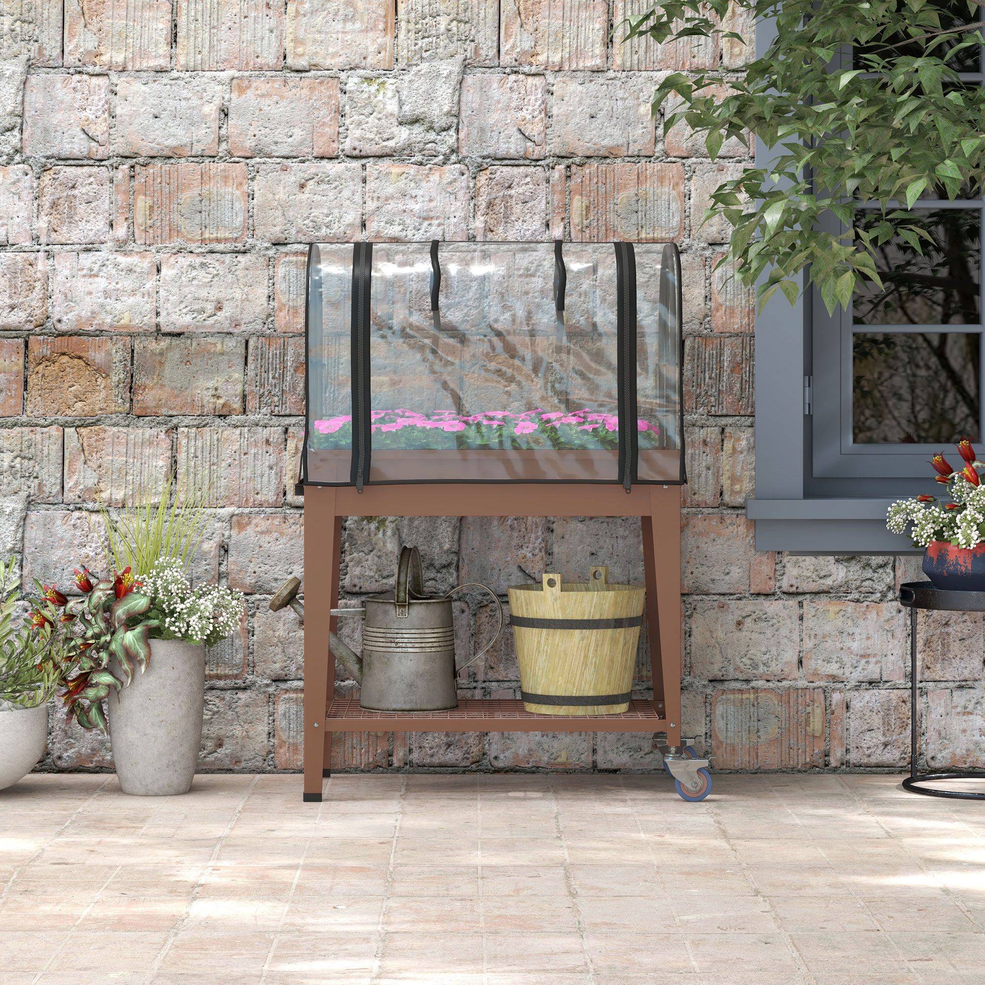ComfortXL - Jardinière surélevée en métal et plastique marron 80 x 40 x 120 cm avec mini-serre et roulettes freinées - Image 8
