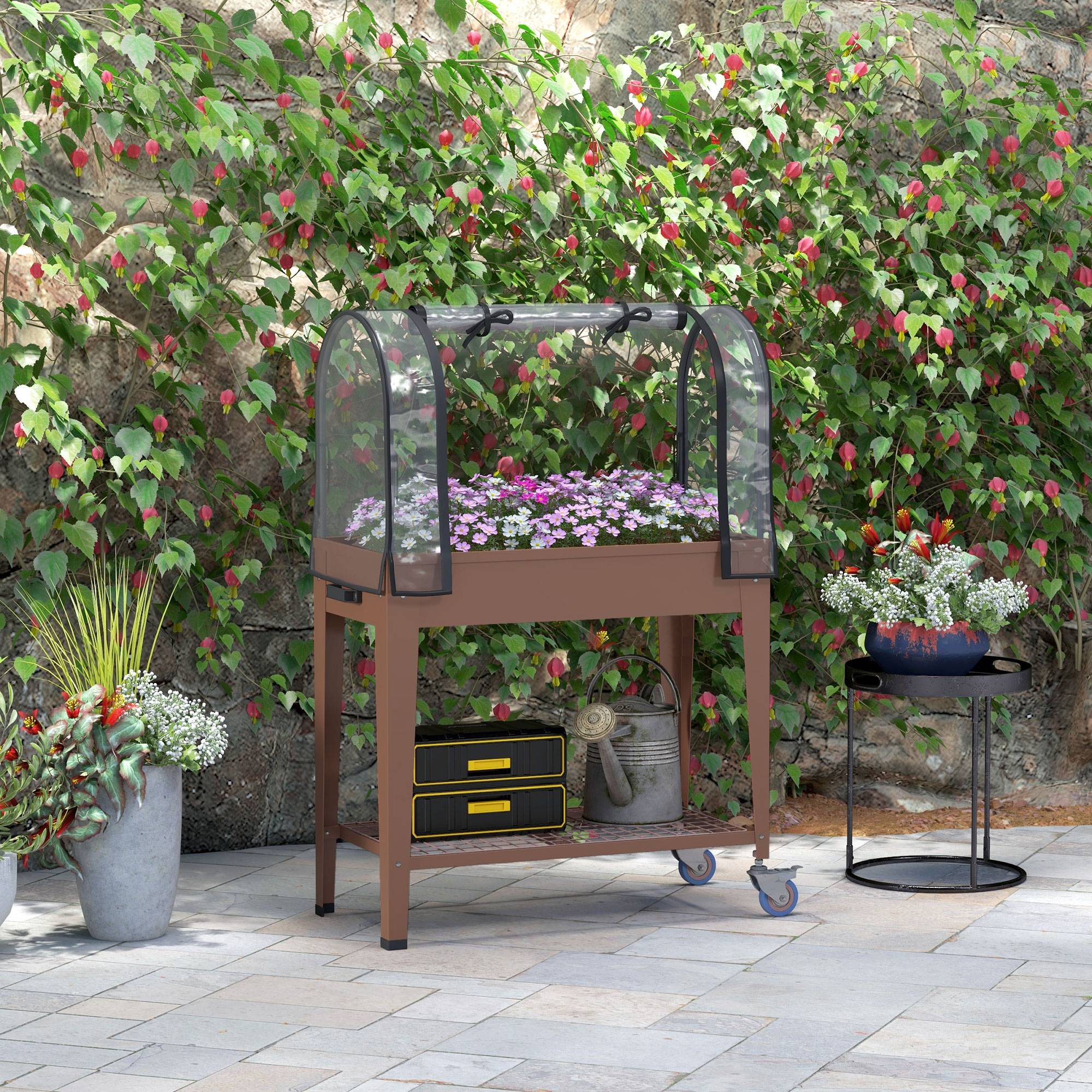 ComfortXL - Jardinière surélevée en métal et plastique marron 80 x 40 x 120 cm avec mini-serre et roulettes freinées - Image 1