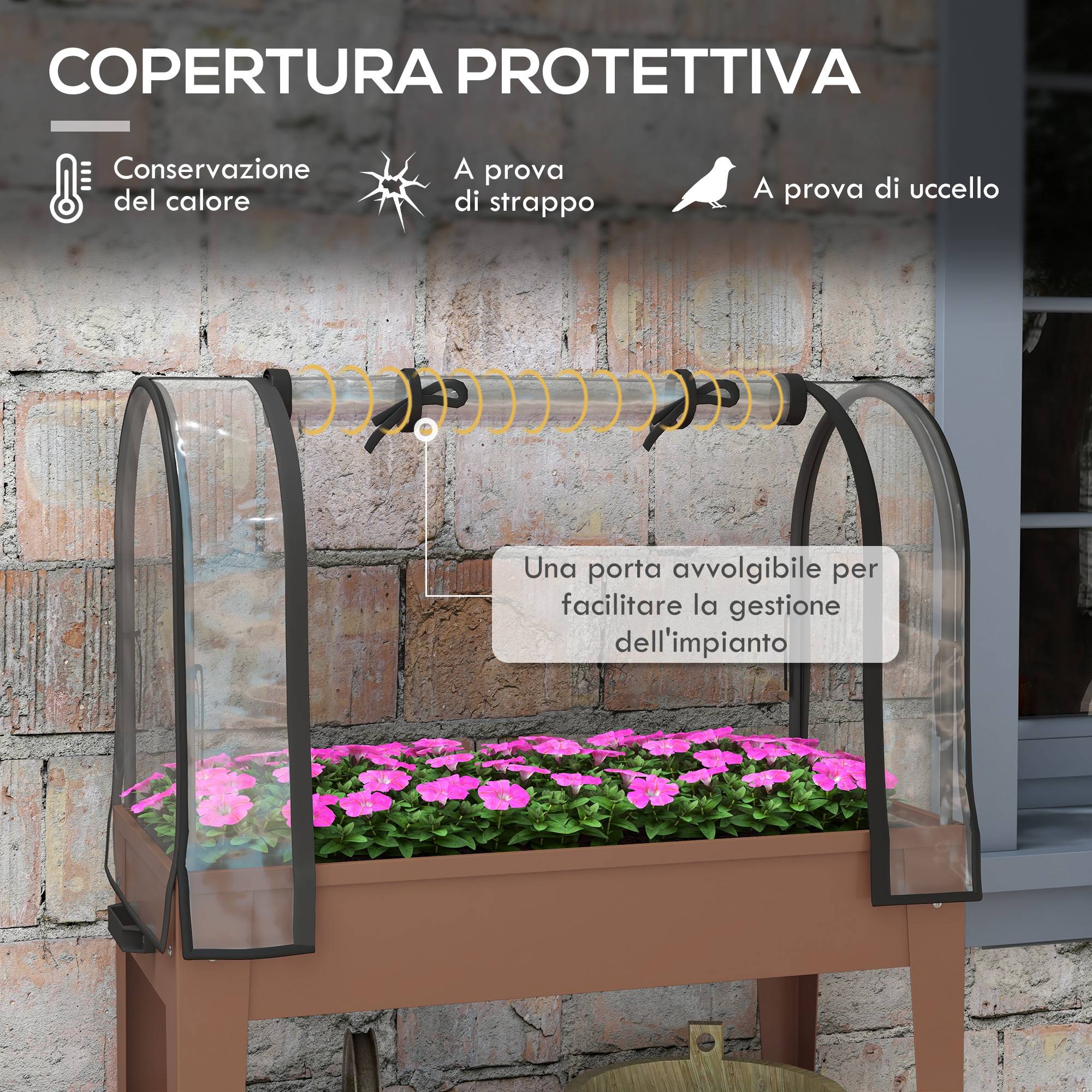 ComfortXL - Jardinière surélevée en métal et plastique marron 80 x 40 x 120 cm avec mini-serre et roulettes freinées - Image 4