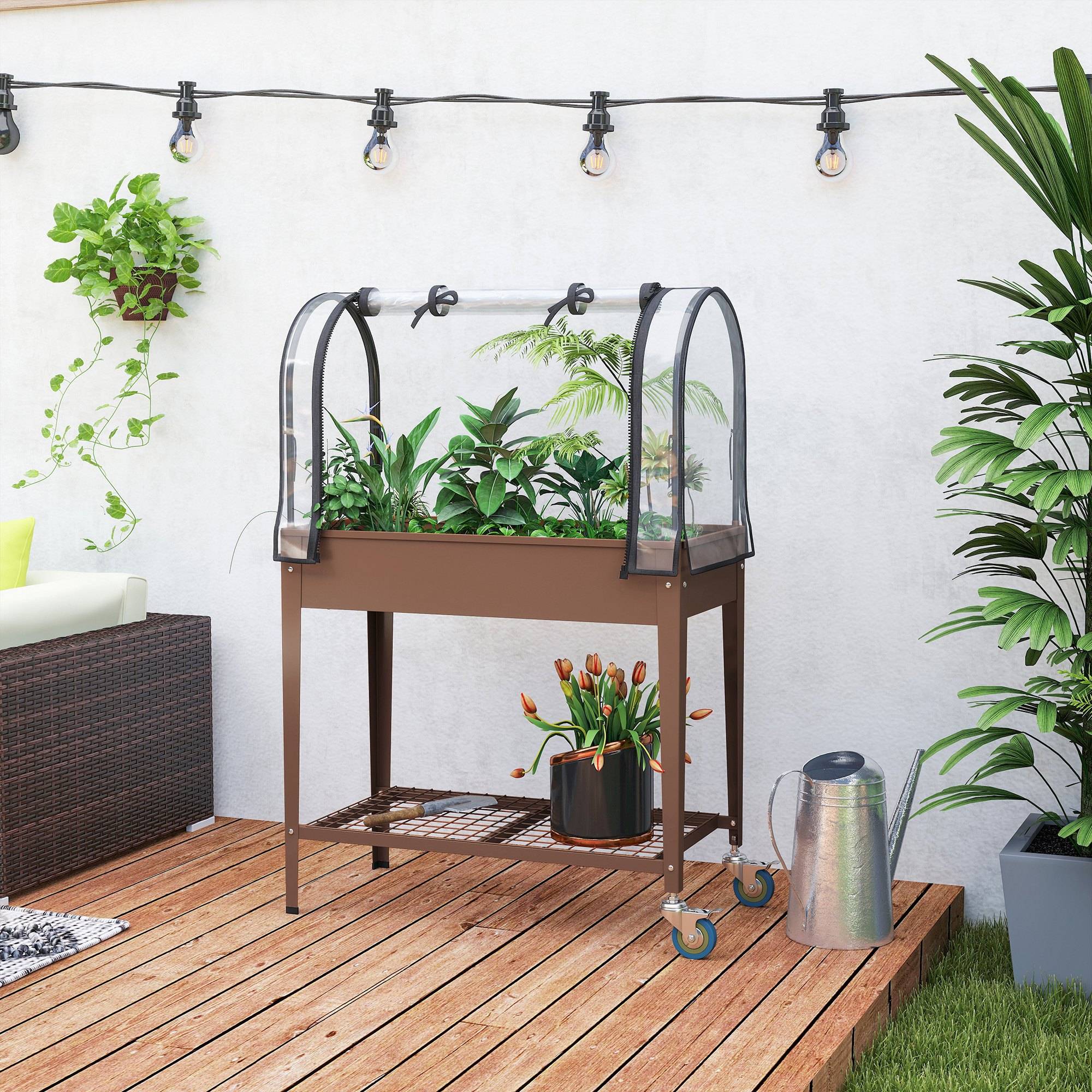 ComfortXL - Jardinière surélevée en métal et plastique marron 80 x 40 x 120 cm avec mini-serre et roulettes freinées - Image 9