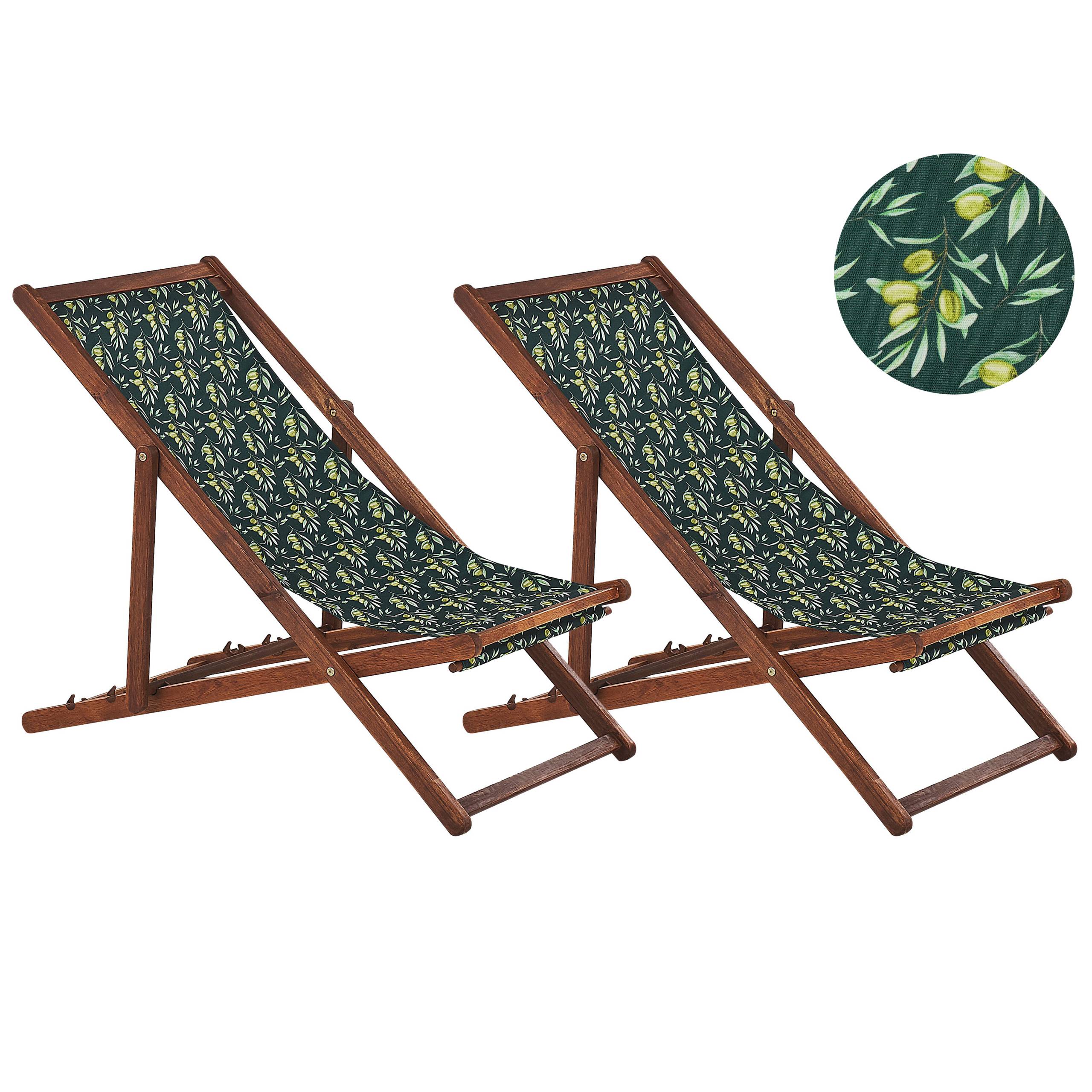 Beliani - 2 Transats Chiliennes Pliantes et Réglables en Bois d'Acacia Foncé et Textile Motif Olives avec Toiles de Remplacement - Imagen 1