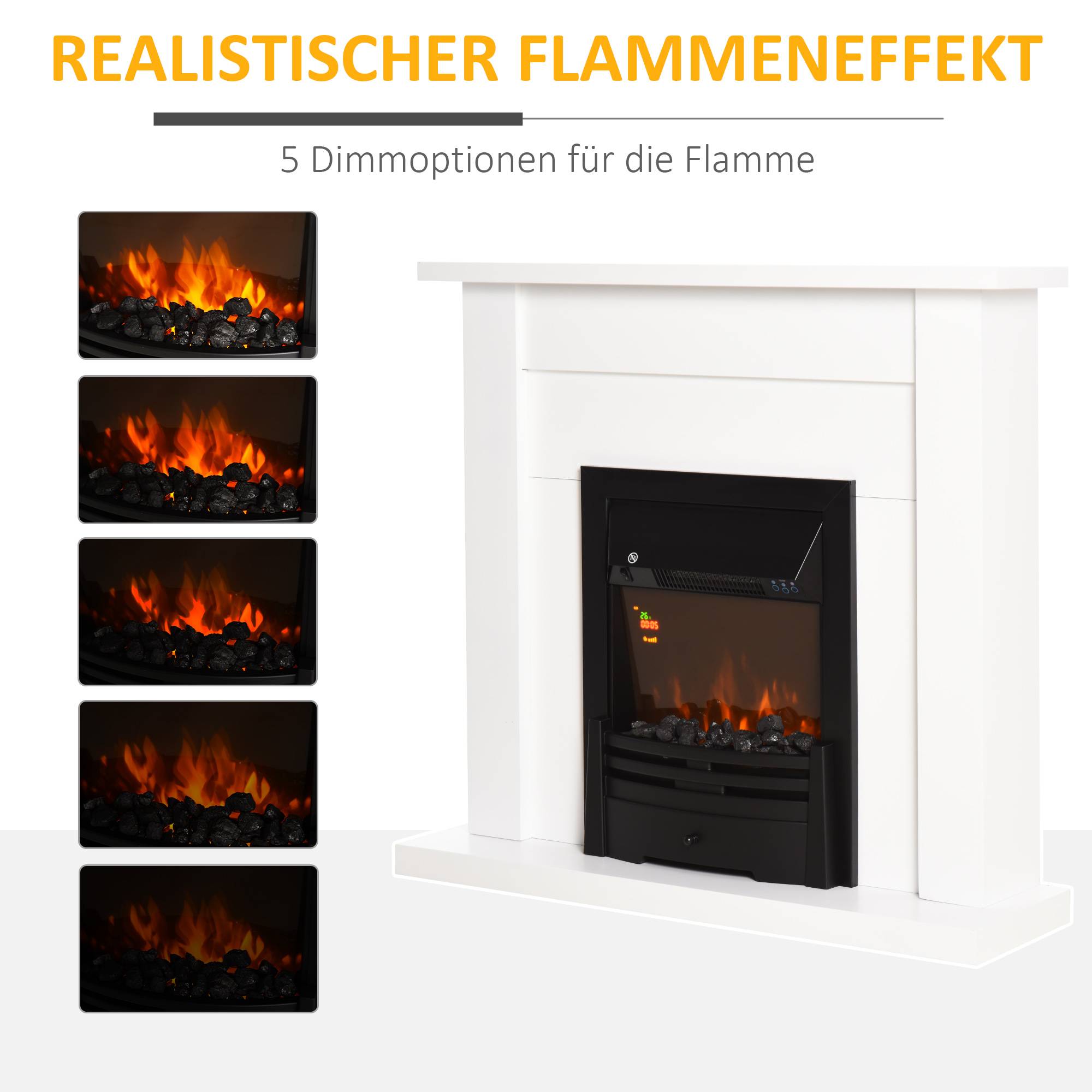 Sans Marque - Cheminée électrique, 2 niveaux de puissance, télécommande, minuteur, effet de flammes réaliste, Noir+Blanc - Image 6