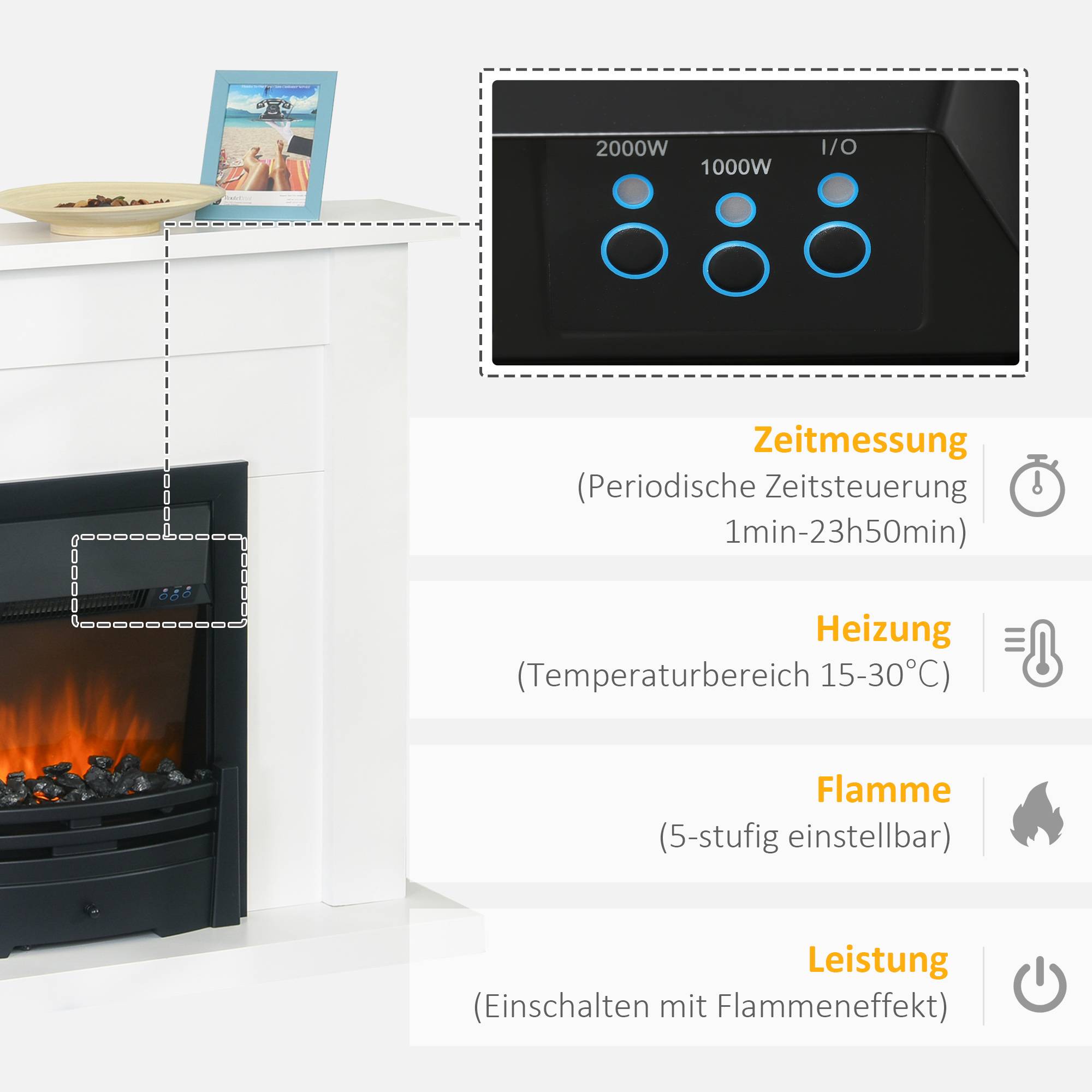 Sans Marque - Cheminée électrique, 2 niveaux de puissance, télécommande, minuteur, effet de flammes réaliste, Noir+Blanc - Image 7
