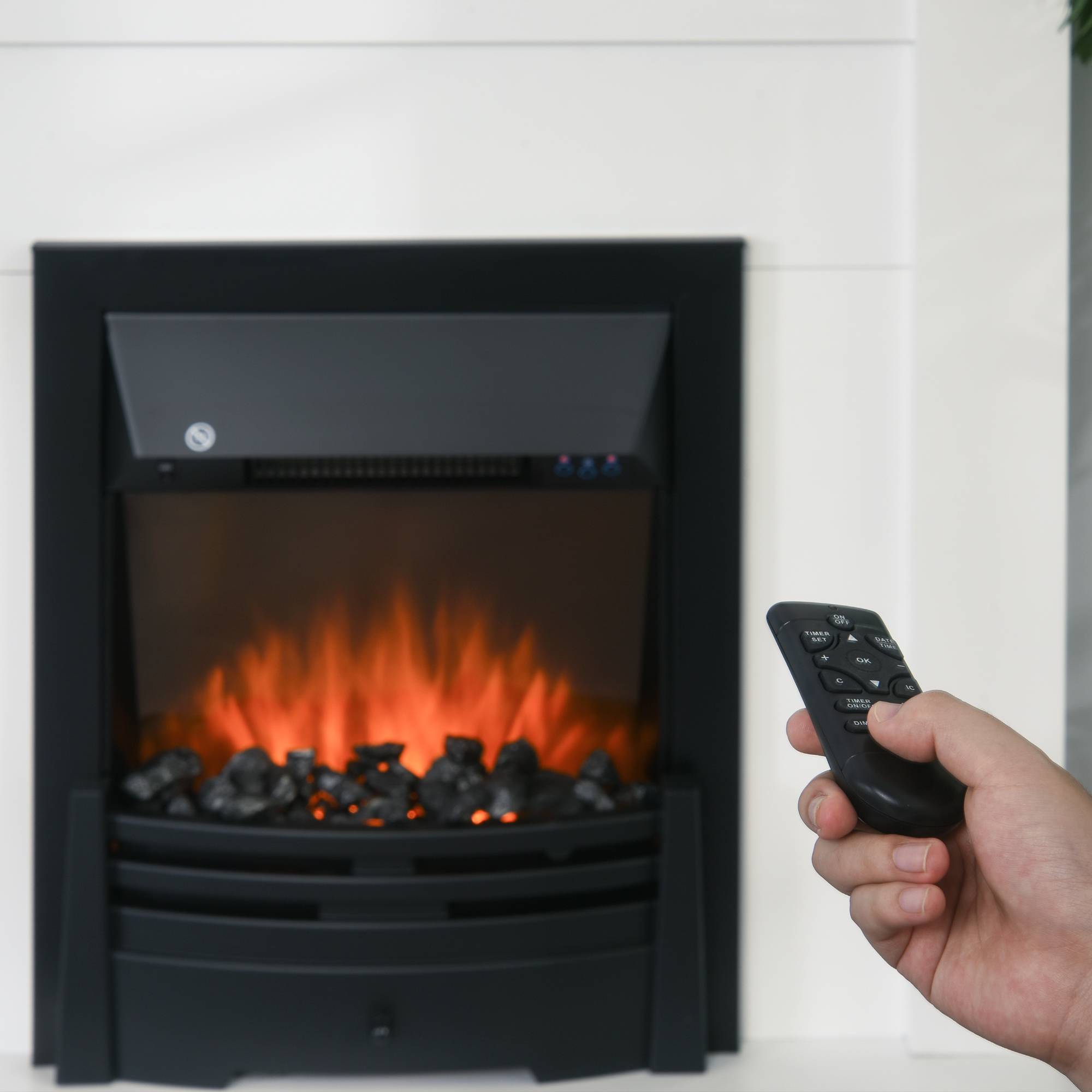 Sans Marque - Cheminée électrique, 2 niveaux de puissance, télécommande, minuteur, effet de flammes réaliste, Noir+Blanc - Image 9