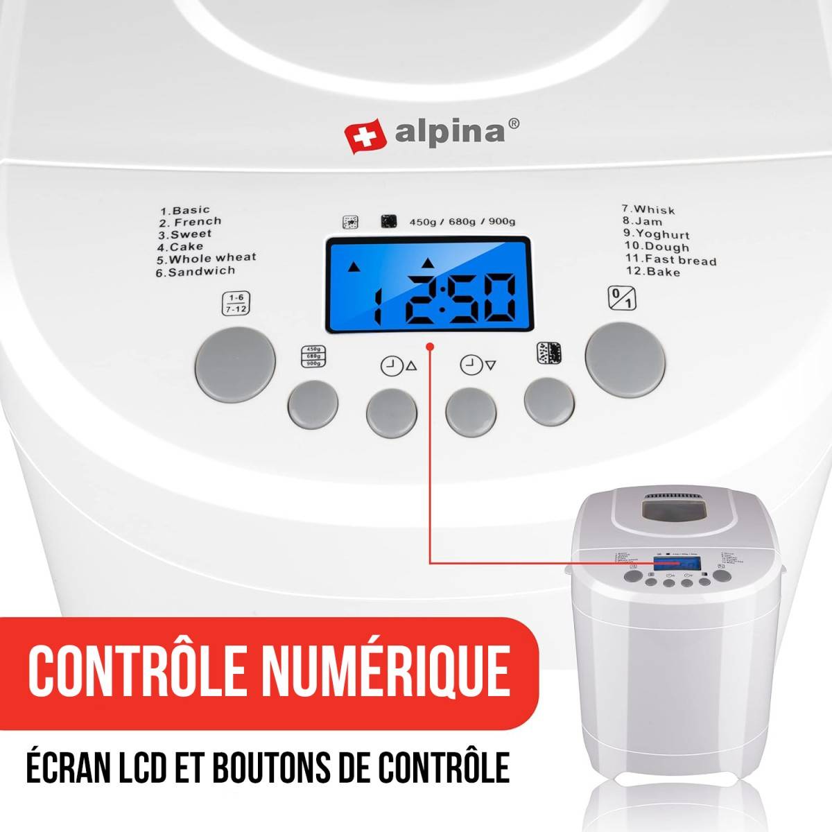 Alpina - Machine à pain 600W 2L 12 programmes Minuterie Ecran LCD Petit et grand pains 450 à 900 gr ALPINA - Imagen 5