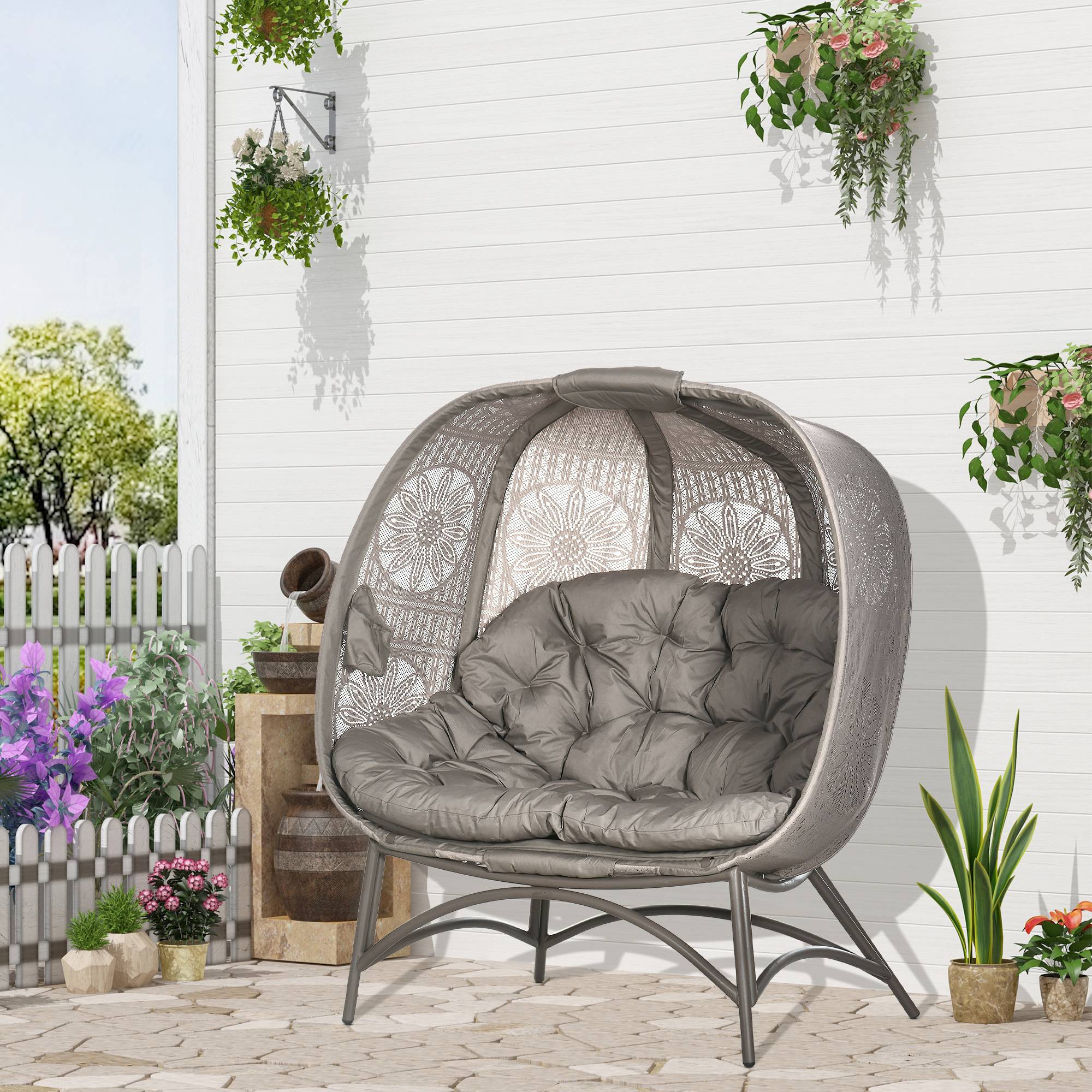 Chaise de jardin 2 places, pliable, grand coussin d'assise, structure en acier, coloris sable, 126 x 90 x 142 cm - Image 4