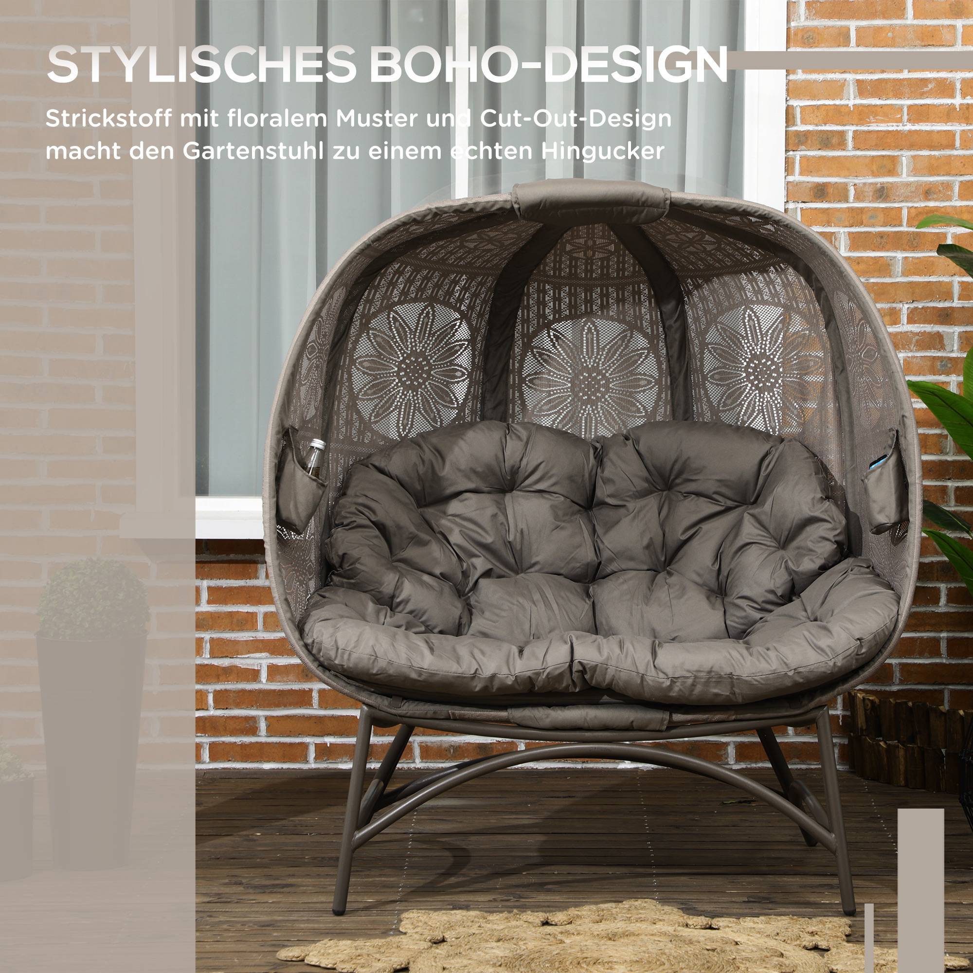 Chaise de jardin 2 places, pliable, grand coussin d'assise, structure en acier, coloris sable, 126 x 90 x 142 cm - Image 6