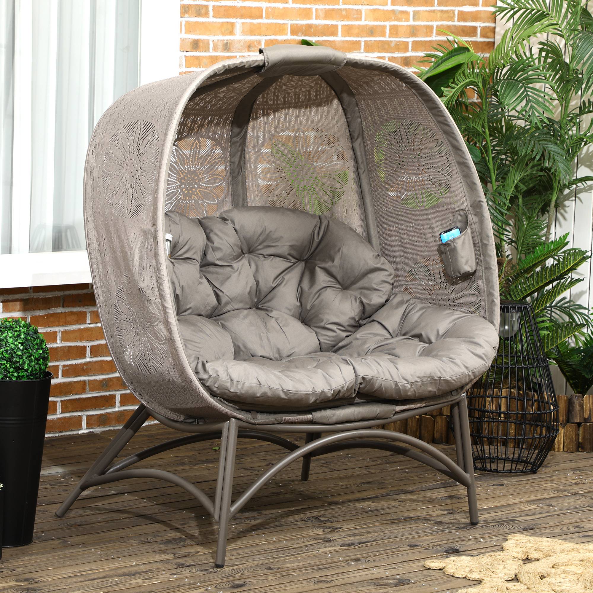 Chaise de jardin 2 places, pliable, grand coussin d'assise, structure en acier, coloris sable, 126 x 90 x 142 cm - Image 3