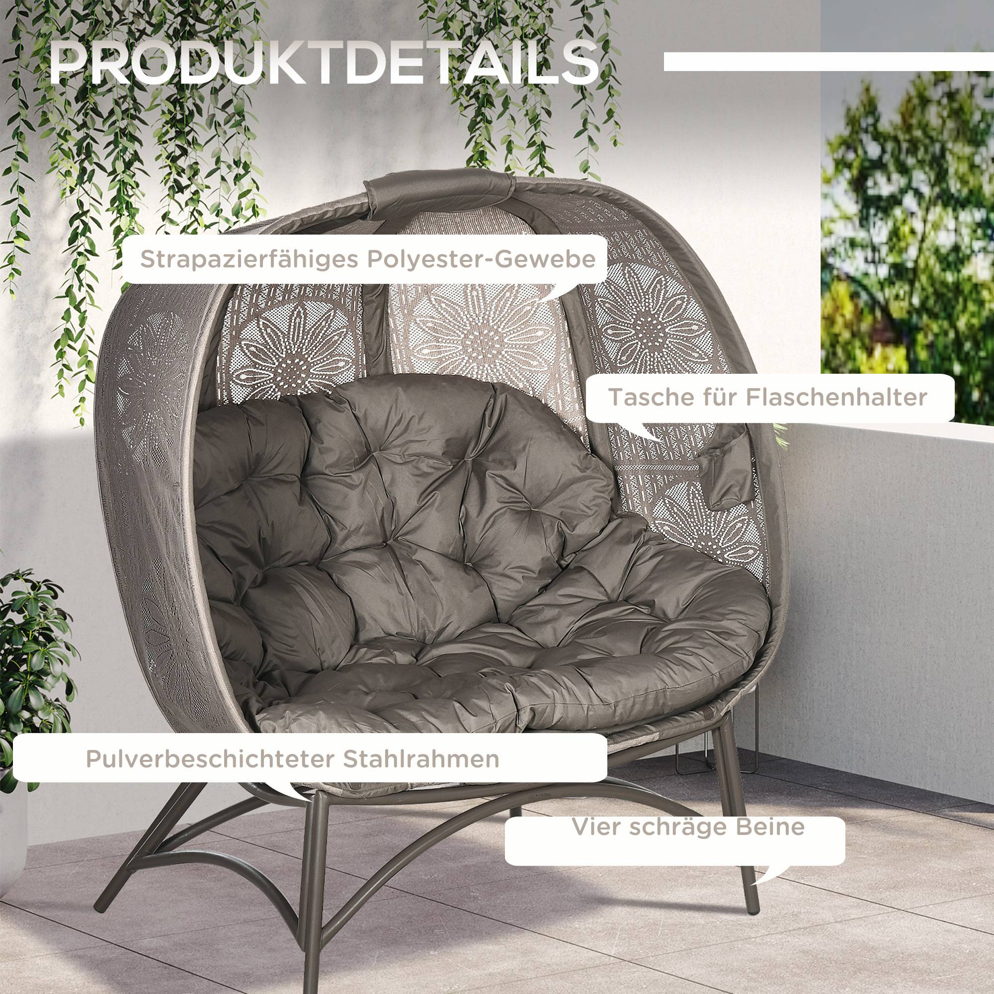 Chaise de jardin 2 places, pliable, grand coussin d'assise, structure en acier, coloris sable, 126 x 90 x 142 cm - Image 9