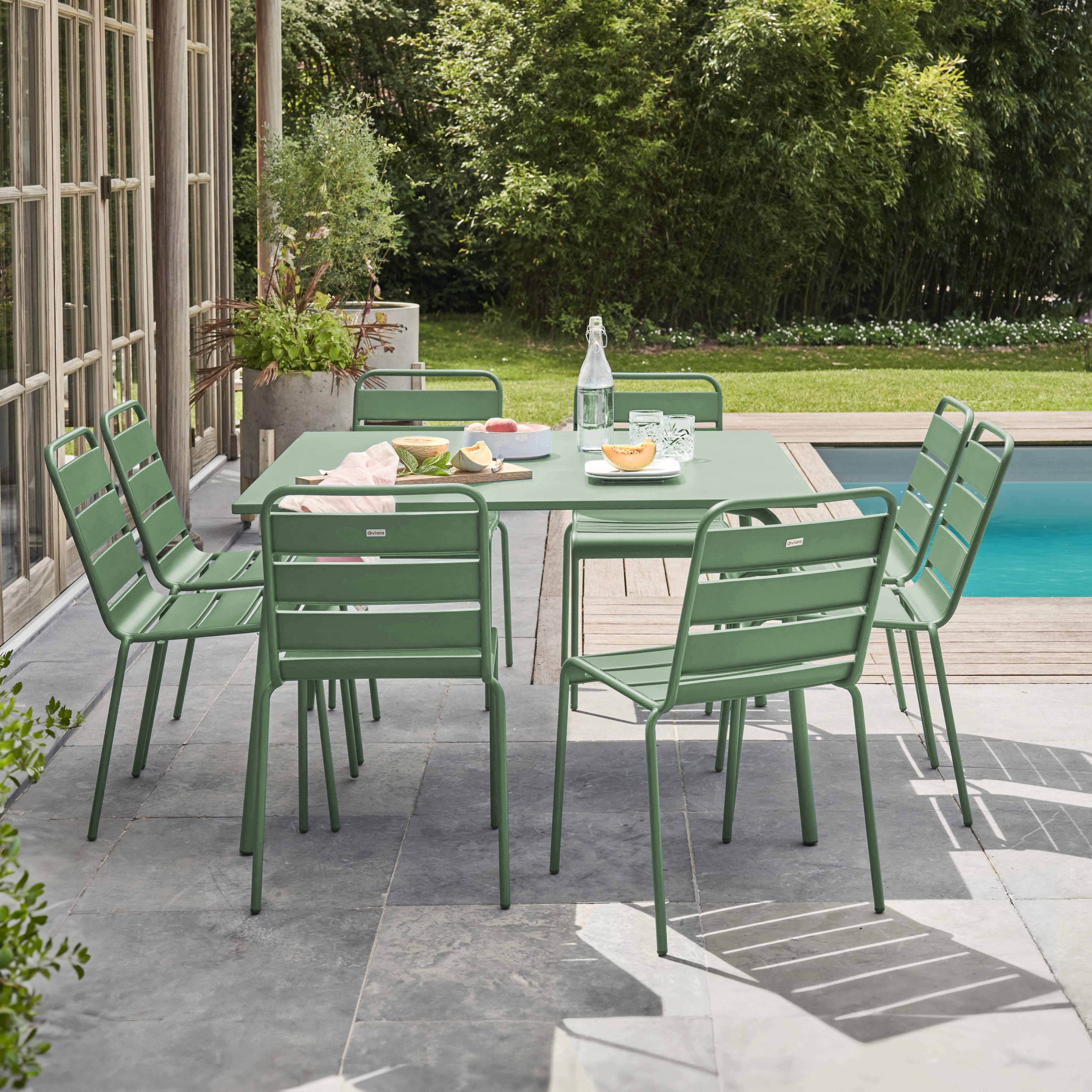 Oviala - Ensemble table de jardin et 8 chaises en métal vert sauge Palavas - Oviala - Imagen 2