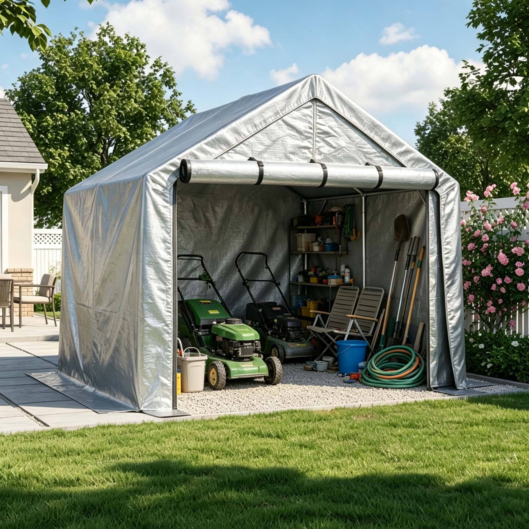 Carport 244×241×217 cm, porte enroulable, bâche imperméable anti-UV, acier galvanisé gris