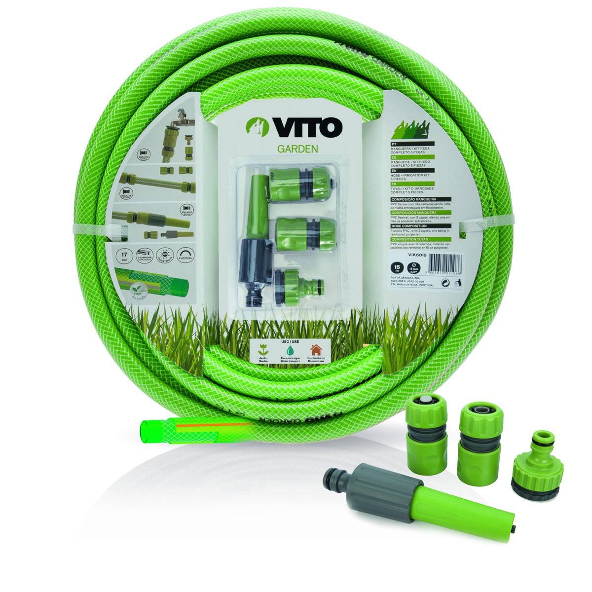 Kit d'arrosage jardin 19mm 25m PVC renforcé Lance multi jet + 2 raccords rapide + Nez de robinet VITO - Image 1