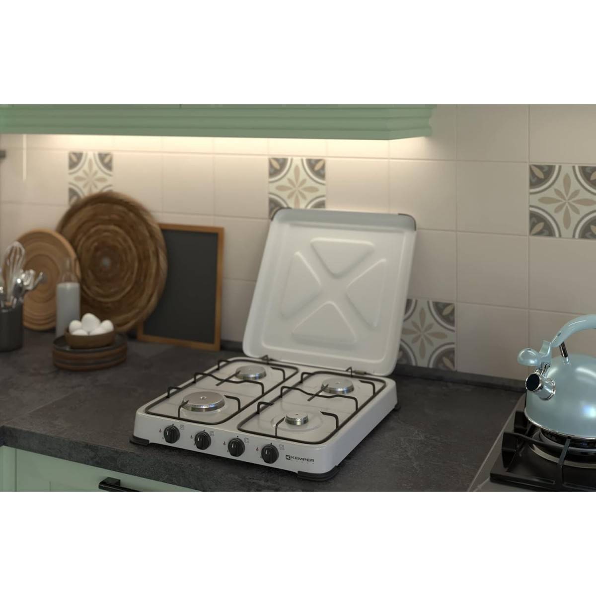 Plaque de Cuisson gaz 4 feux portable 4650W - Réchaud gaz butane propane couvercle grille amovibles Cuisine Extérieure KEMPER - Imagen 5