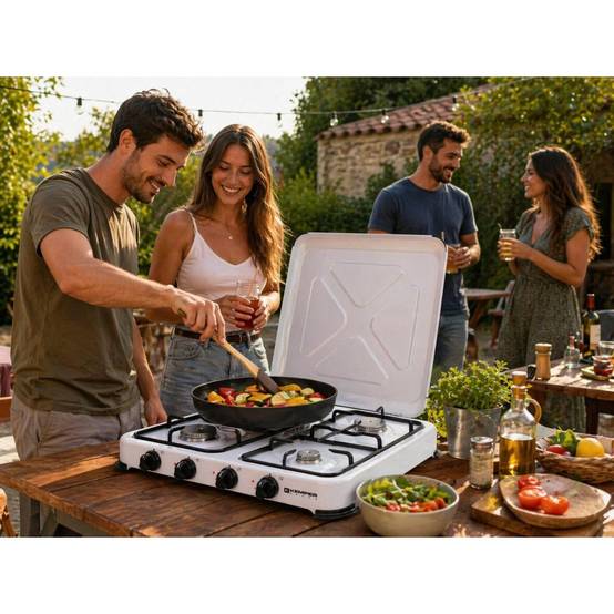 Plaque de Cuisson gaz 4 feux portable 4650W - Réchaud gaz butane propane couvercle grille amovibles Cuisine Extérieure KEMPER - Imagen 3