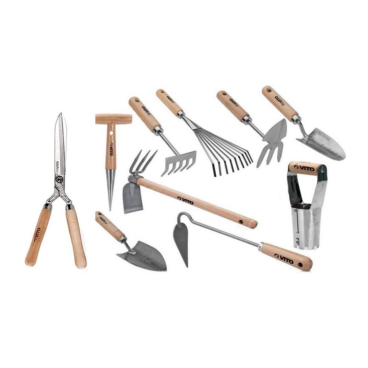Kit 10 outils de jardin Manche bois Inox et Fer forgés à la main Haute qualité VITO - Imagen 1