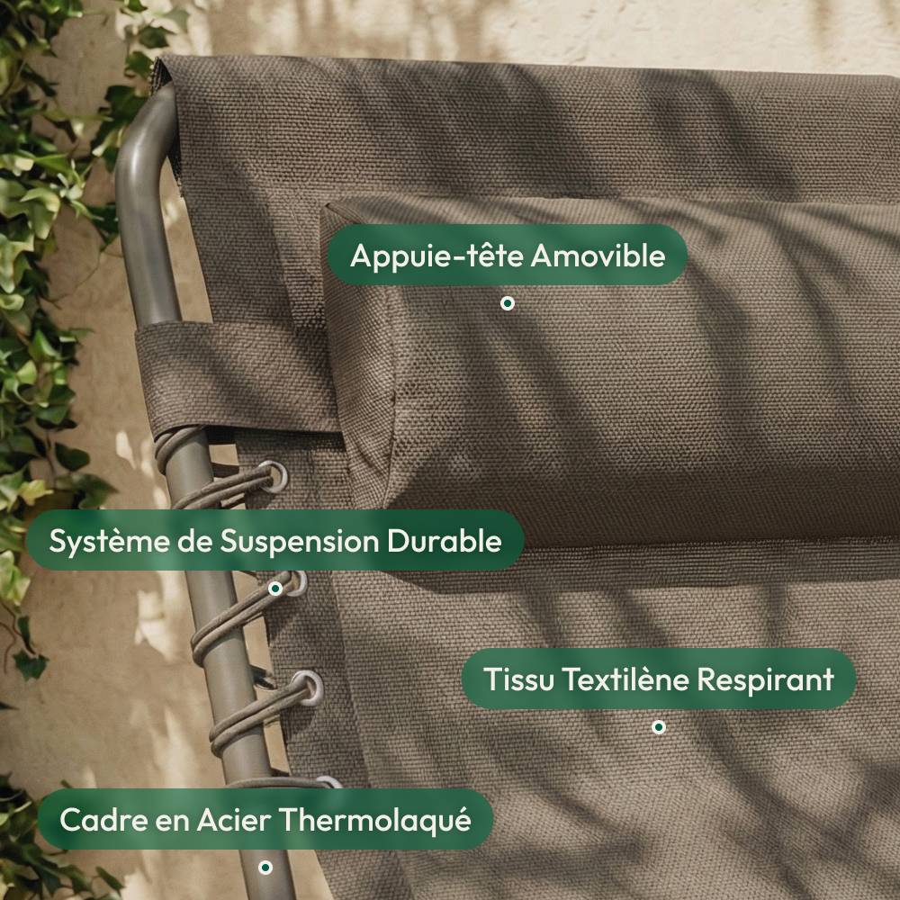 Lot de 2 Chaises Longues Pliantes taupe, inclinables CASABEL - Image 5