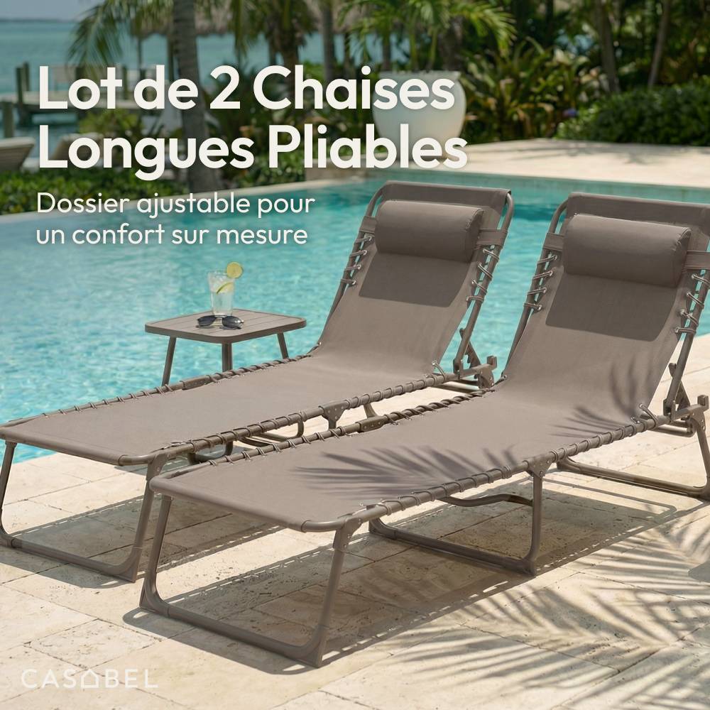 Lot de 2 Chaises Longues Pliantes taupe, inclinables CASABEL - Image 3