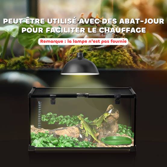 Boîte à Reptiles 50 x 30 x 25 cm, Verre avec Couvercle Coulissant, Treillis Métallique, Distributeur d’Eau et Thermomètre Inclus, Noir - Image 10