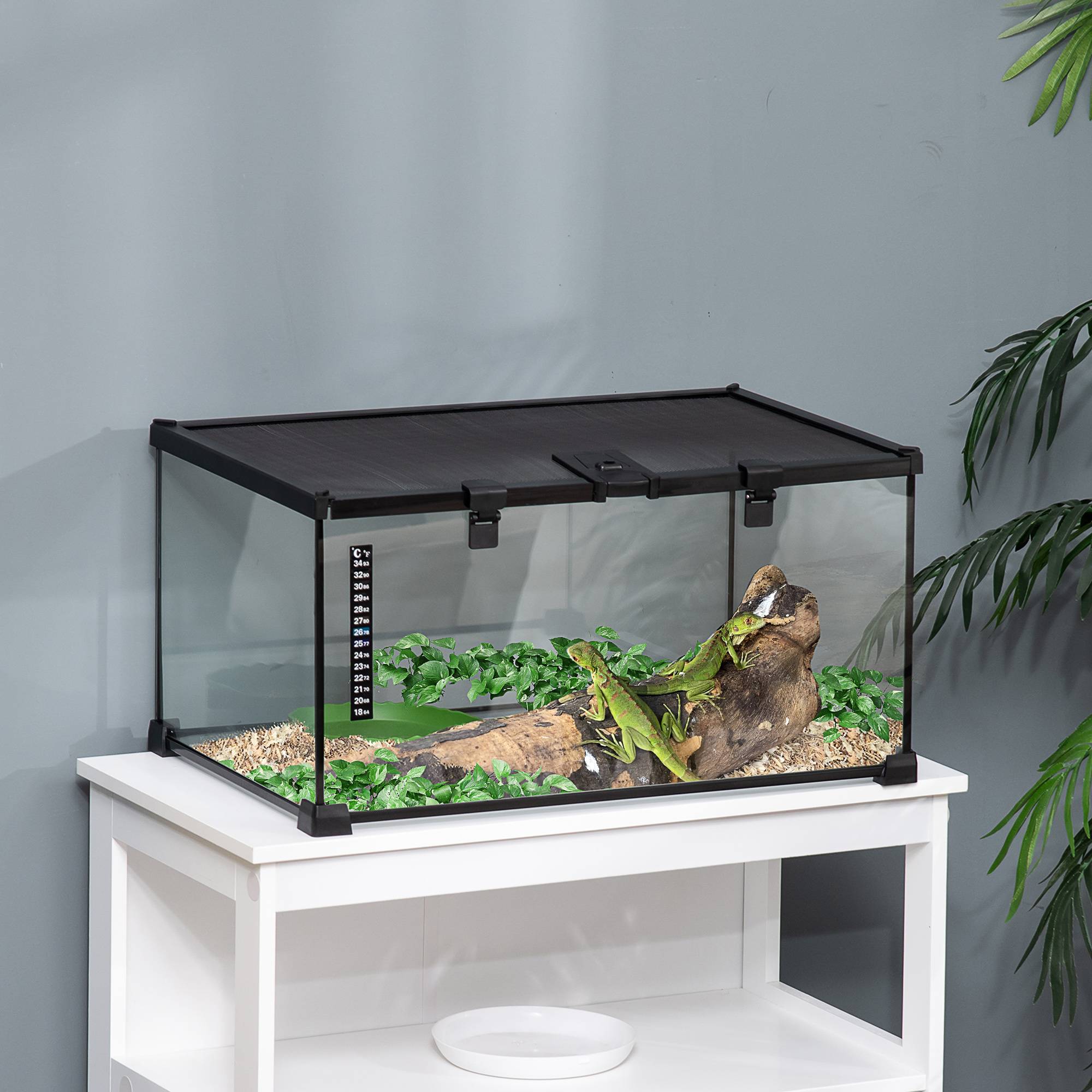 Boîte à Reptiles 50 x 30 x 25 cm, Verre avec Couvercle Coulissant, Treillis Métallique, Distributeur d’Eau et Thermomètre Inclus, Noir - Image 4