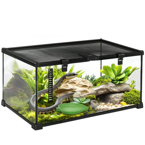 Boîte à Reptiles 50 x 30 x 25 cm, Verre avec Couvercle Coulissant, Treillis Métallique, Distributeur d’Eau et Thermomètre Inclus, Noir - Image 1