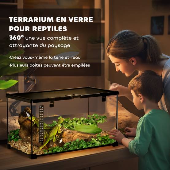 Boîte à Reptiles 50 x 30 x 25 cm, Verre avec Couvercle Coulissant, Treillis Métallique, Distributeur d’Eau et Thermomètre Inclus, Noir - Image 6
