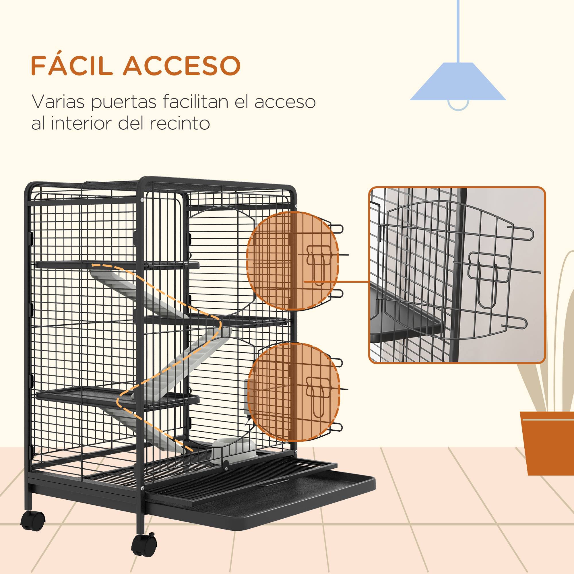 Cage pour rongeurs à roulettes, 3 plateformes, plateau amovible, mangeoire et abreuvoir, 61,5 x 44 x 95 cm, noire - Image 9