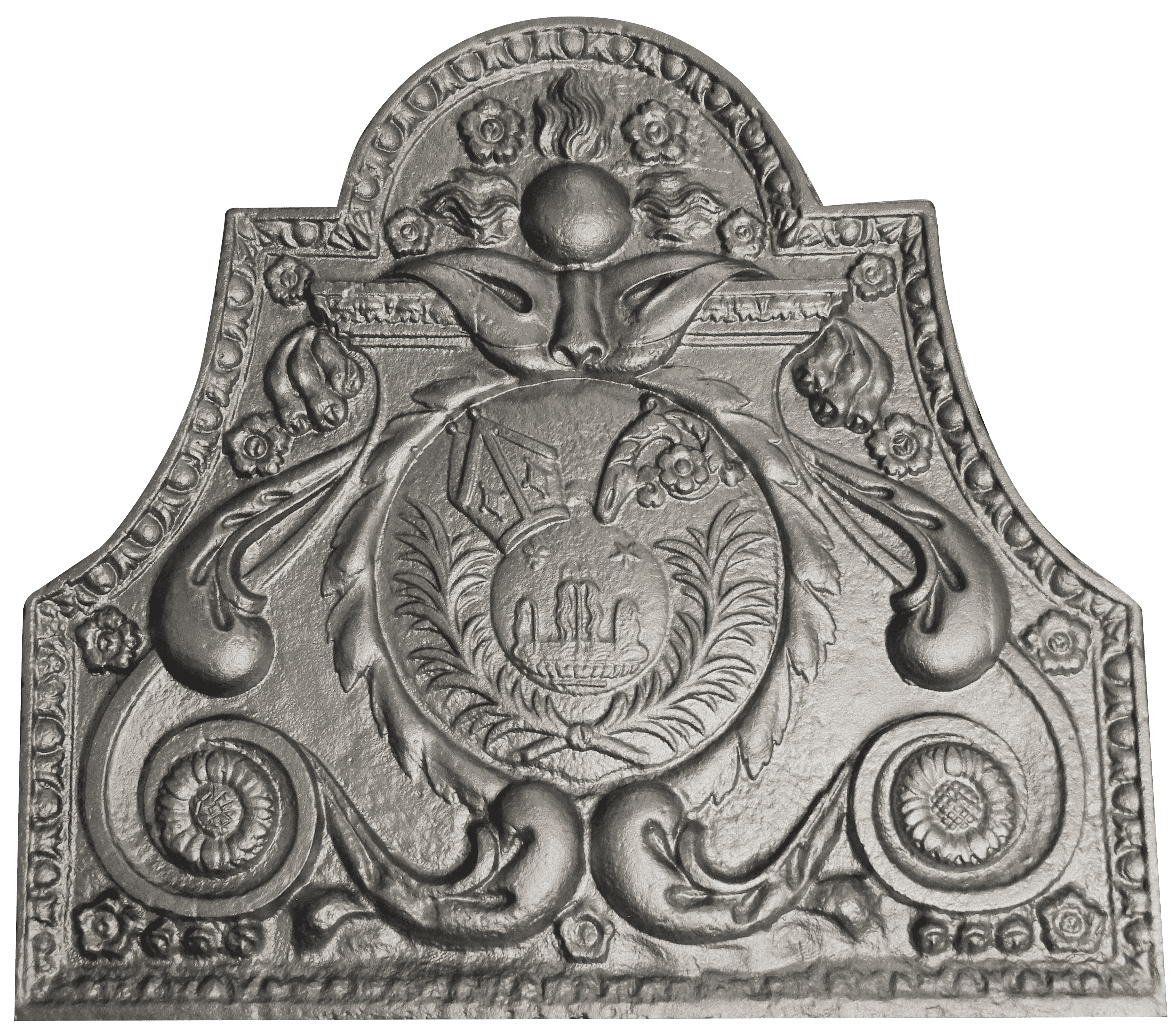 Plaque de cheminée armes épiscopales Dommartin grise H. 90 cm X L. 1000 cm - Imagen 1