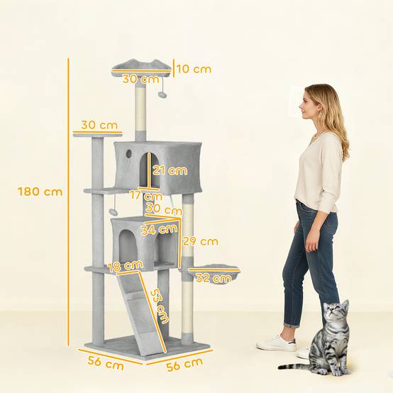 Grand Arbre à Chat 180 cm avec Hamac Niche et Échelle Tour de Jeux Multi-Niveaux pour Chats Gris - ComfortXL Outdoor Living - Image 5