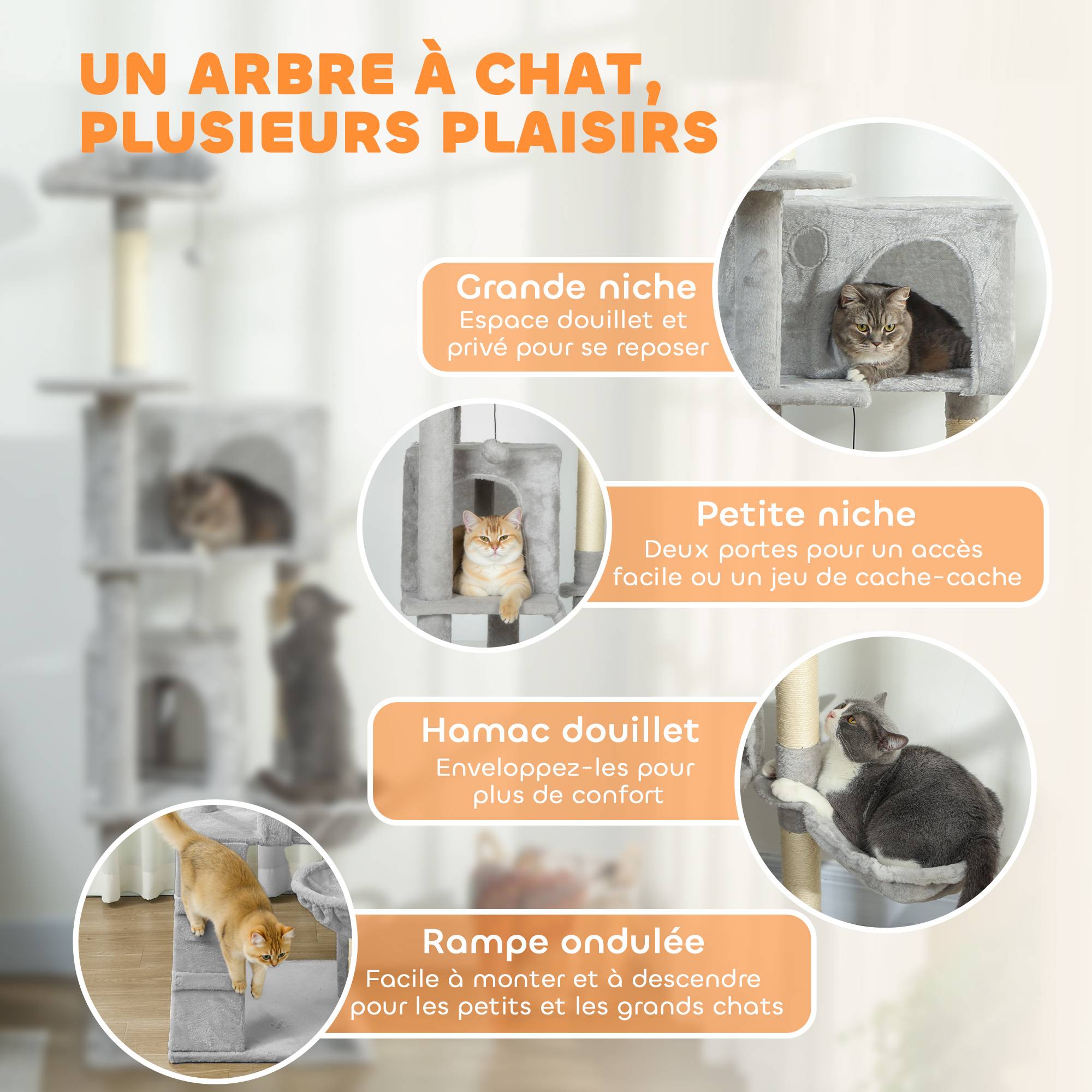Grand Arbre à Chat 180 cm avec Hamac Niche et Échelle Tour de Jeux Multi-Niveaux pour Chats Gris - ComfortXL Outdoor Living - Image 6
