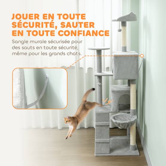 Grand Arbre à Chat 180 cm avec Hamac Niche et Échelle Tour de Jeux Multi-Niveaux pour Chats Gris - ComfortXL Outdoor Living - Image 8