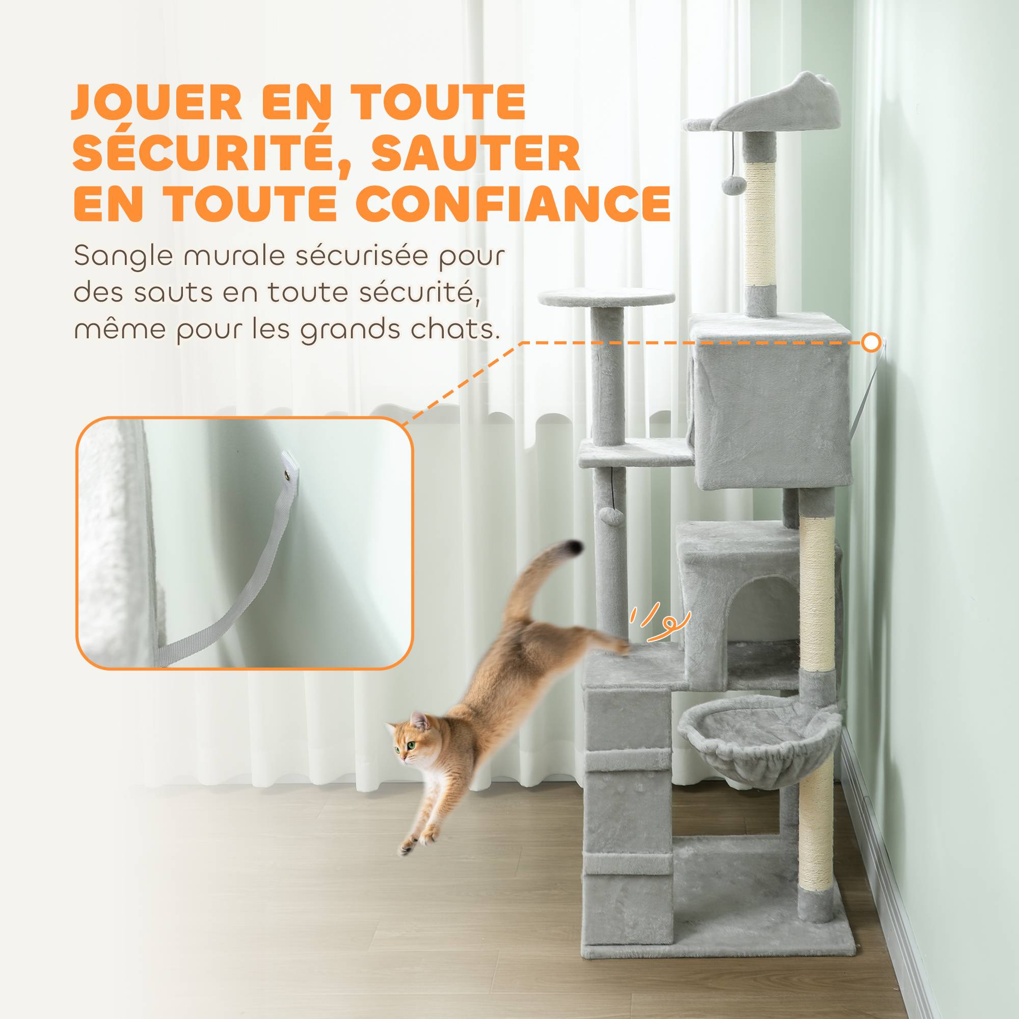 Grand Arbre à Chat 180 cm avec Hamac Niche et Échelle Tour de Jeux Multi-Niveaux pour Chats Gris - ComfortXL Outdoor Living - Image 8