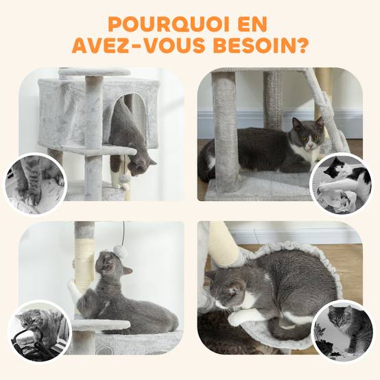 Grand Arbre à Chat 180 cm avec Hamac Niche et Échelle Tour de Jeux Multi-Niveaux pour Chats Gris - ComfortXL Outdoor Living - Image 10