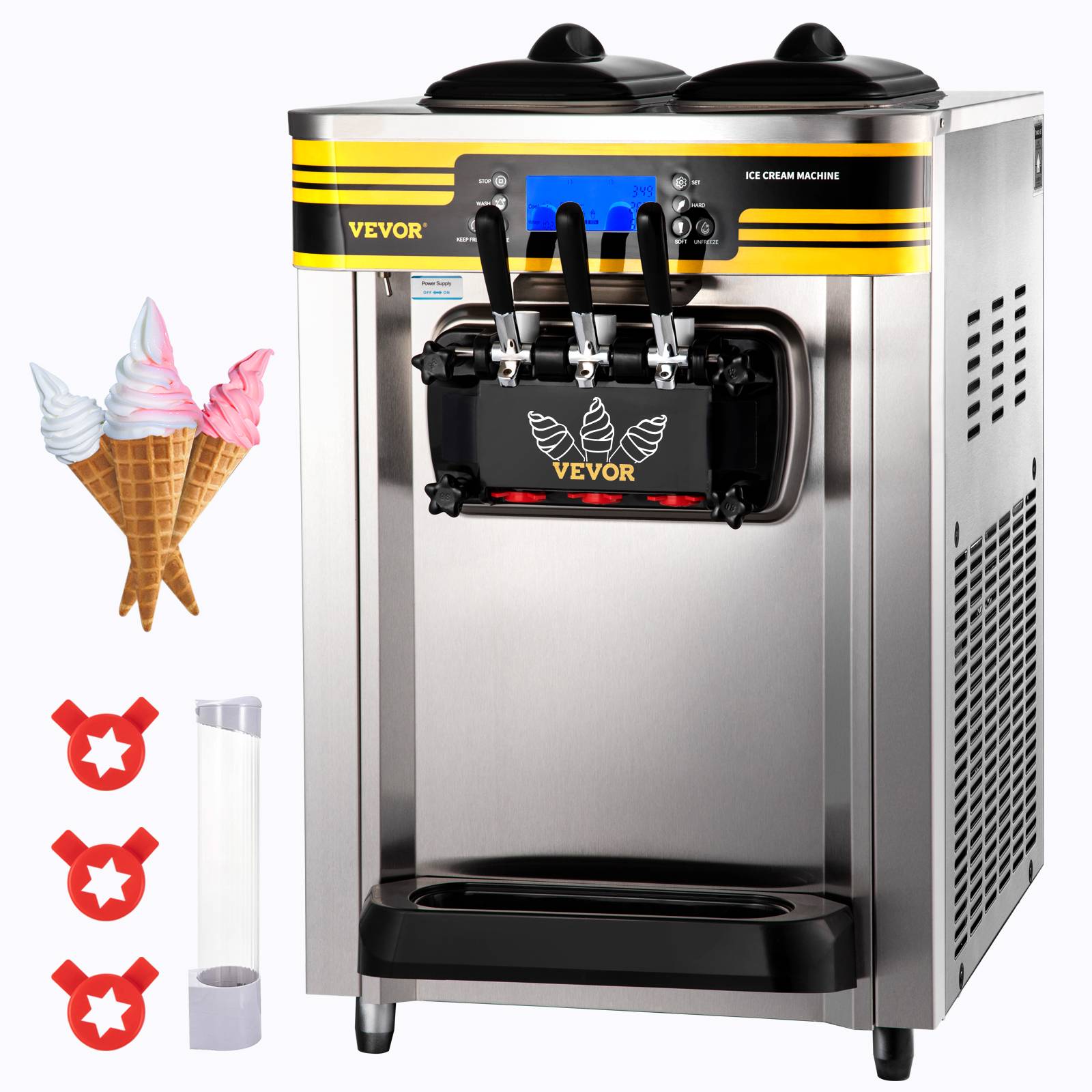 VEVOR Machine à glace italienne 22-30L/h 2350W, trémie 6L, pré-refroidissement, 3 saveurs, 1 clic décongélation. - Image 1