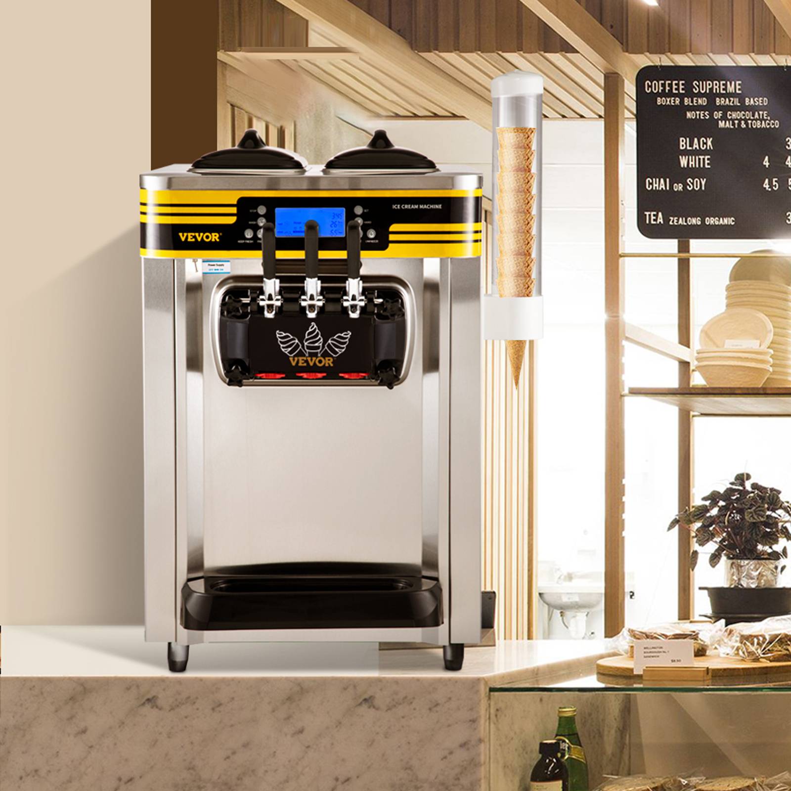 VEVOR Machine à glace italienne 22-30L/h 2350W, trémie 6L, pré-refroidissement, 3 saveurs, 1 clic décongélation. - Image 8