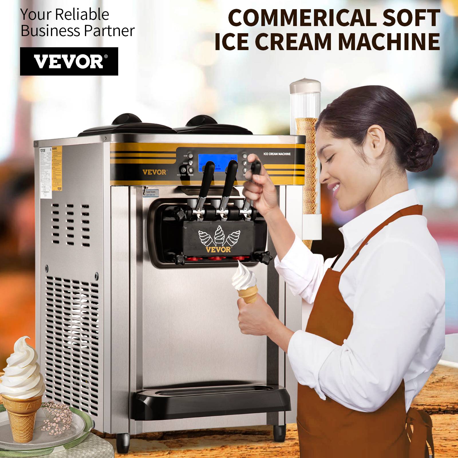 VEVOR Machine à glace italienne 22-30L/h 2350W, trémie 6L, pré-refroidissement, 3 saveurs, 1 clic décongélation. - Image 2