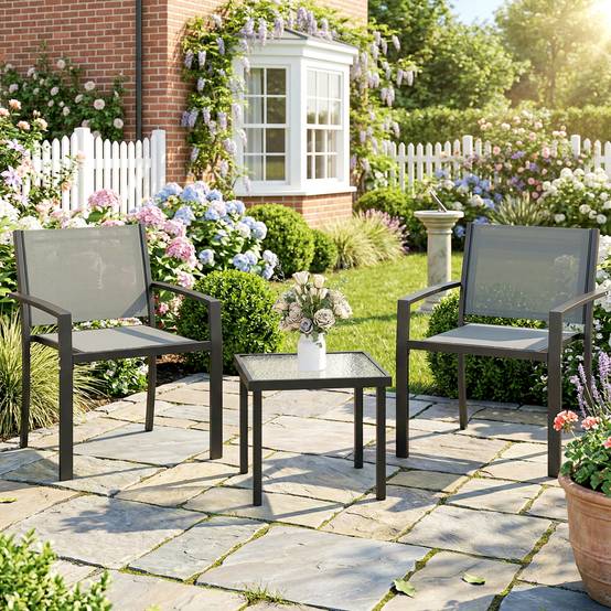 Ensemble table et chaises de terrasse extérieure 3 pièces avec 2 chaises textilène et table verre trempé gris clair - Image 3
