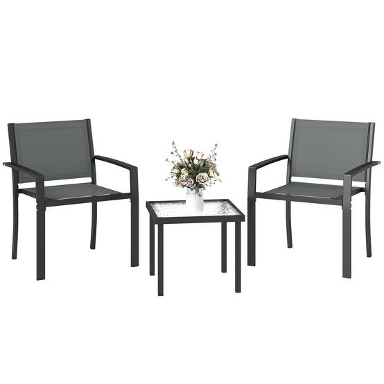 Ensemble table et chaises de terrasse extérieure 3 pièces avec 2 chaises textilène et table verre trempé gris clair - Image 1