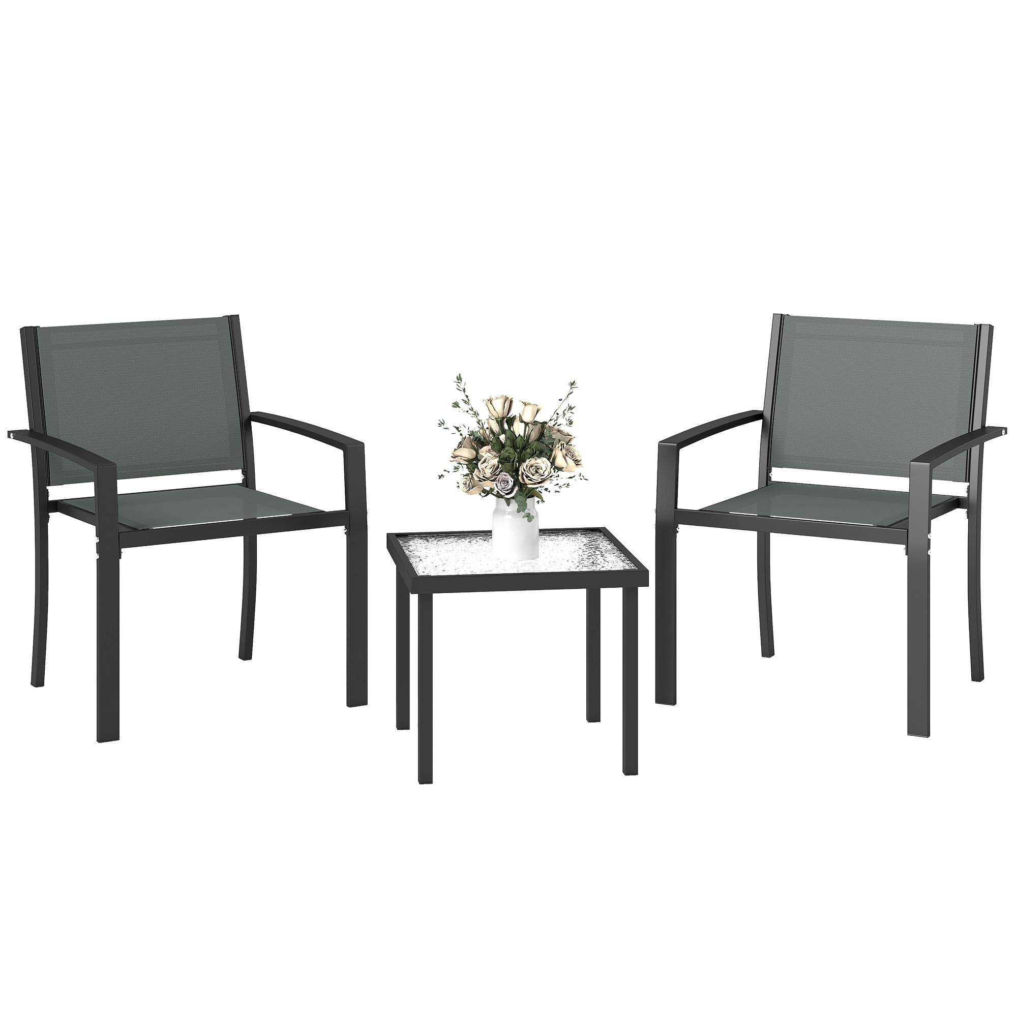 Ensemble table et chaises de terrasse extérieure 3 pièces avec 2 chaises textilène et table verre trempé gris clair - Image 1