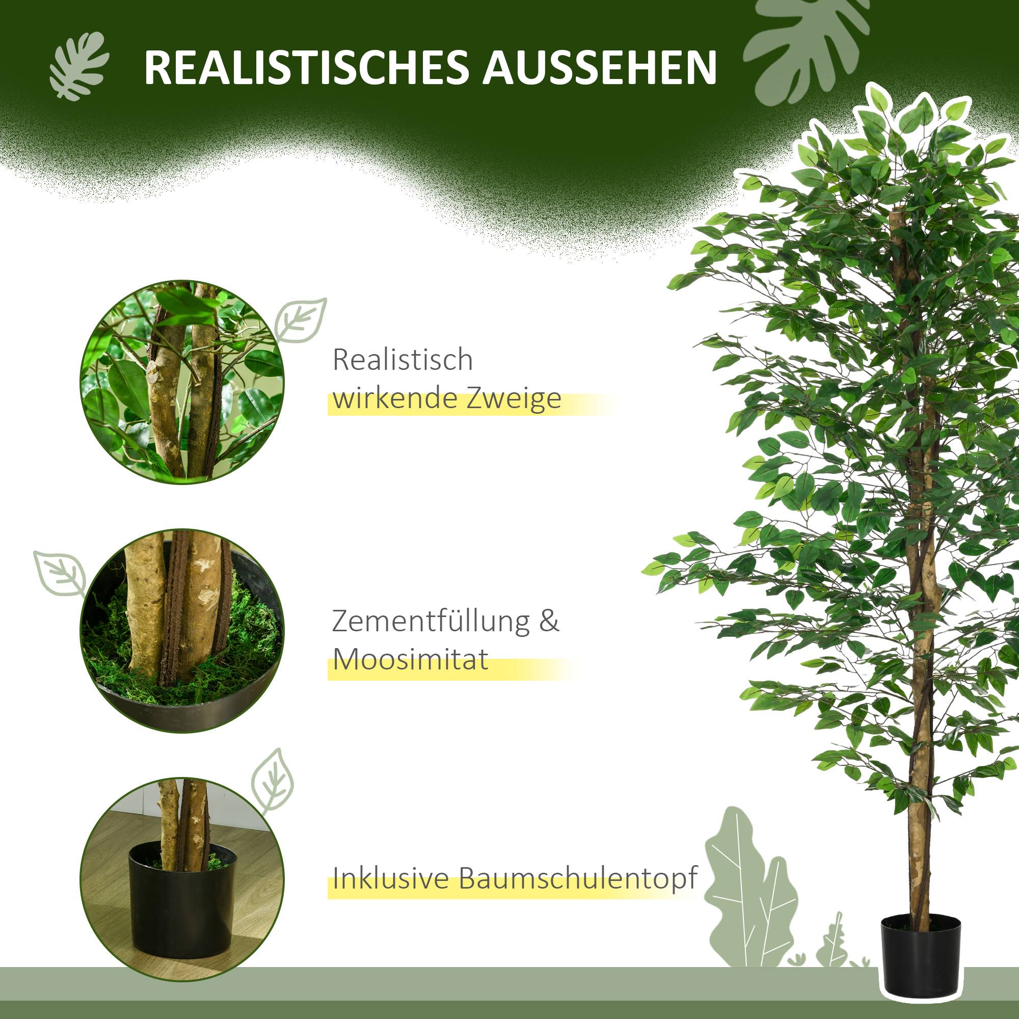 Faux ficus, réaliste, facile d'entretien, pot inclus, 180 cm, vert - Image 6