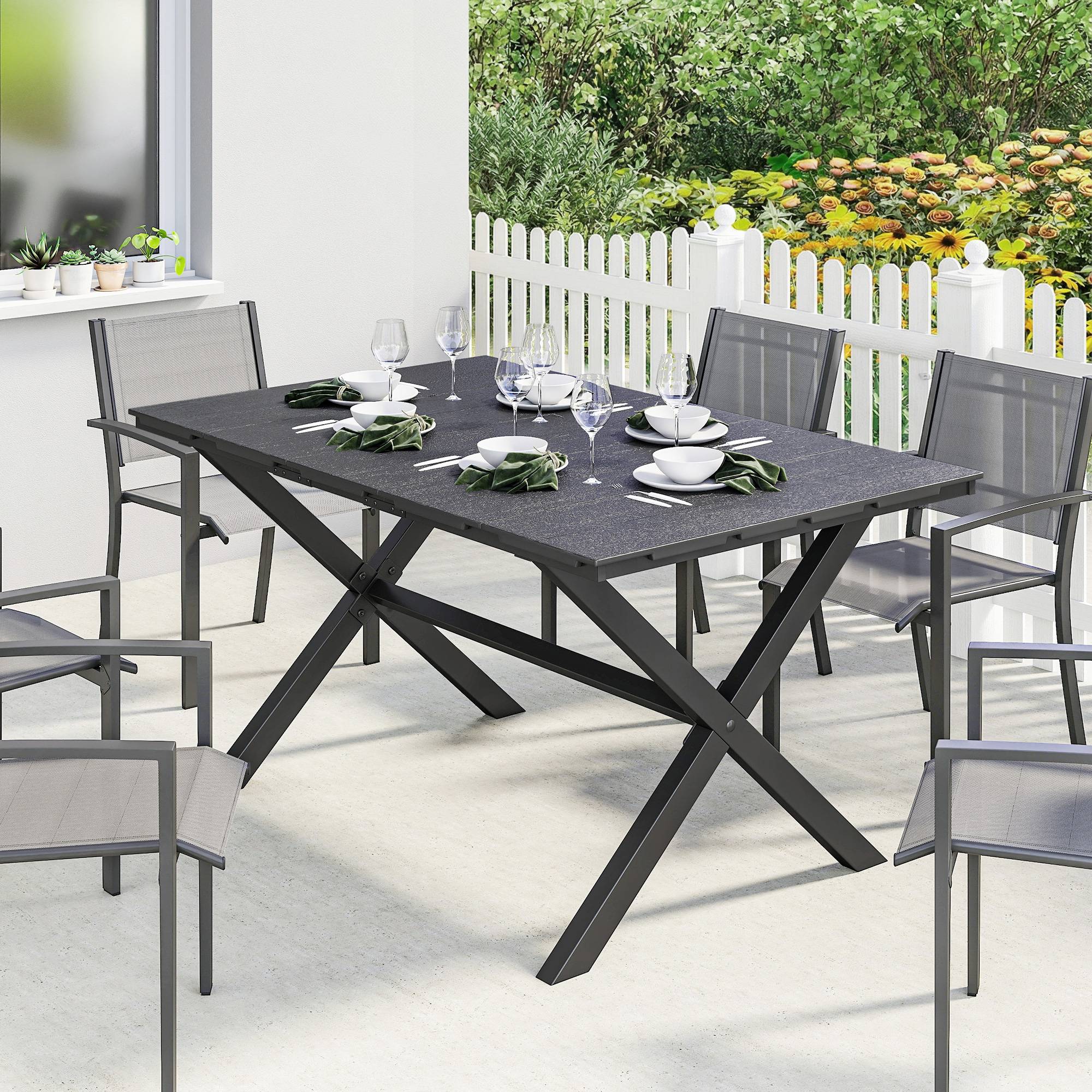 Table noire PEHD métal 150x90x74cm 6 places jardin - Image 3