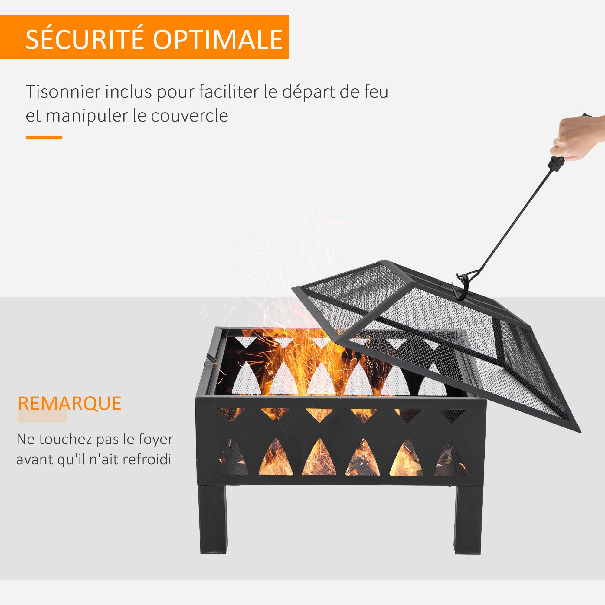 Outsunny - Brasero cheminée foyer extérieur dim. 66L x 66l x 58H cm couvercle tisonnier métal noir - Outsunny - Imagen 4
