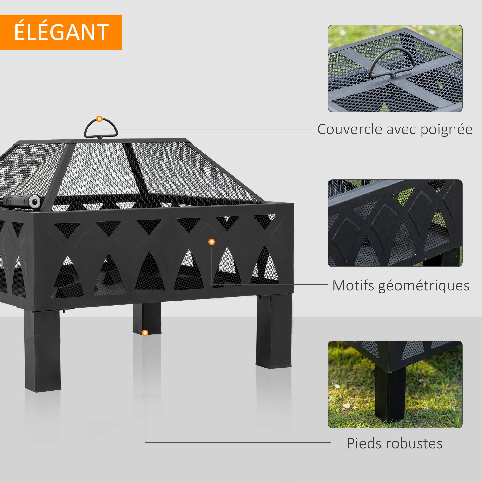 Outsunny - Brasero cheminée foyer extérieur dim. 66L x 66l x 58H cm couvercle tisonnier métal noir - Outsunny - Imagen 5