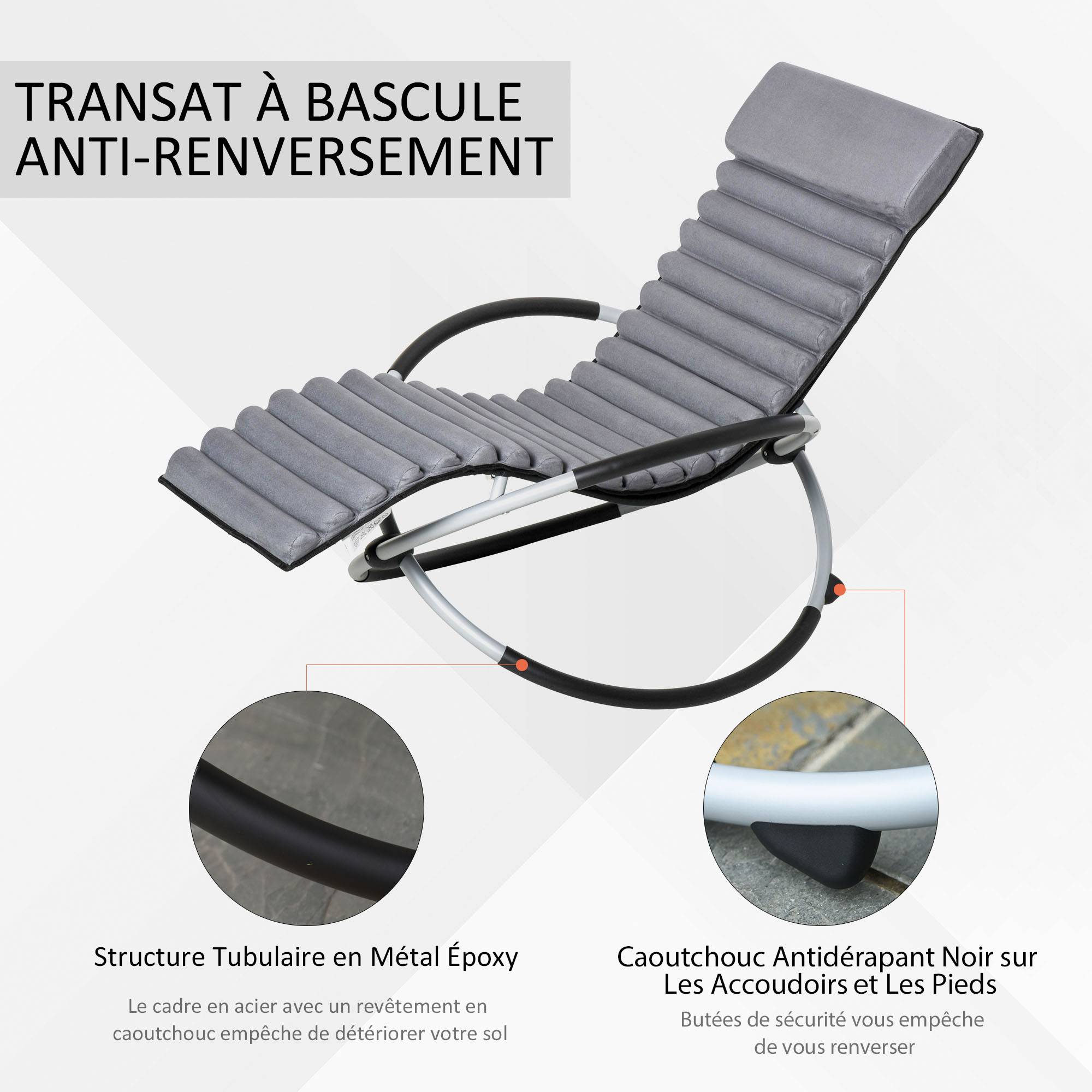 Chaise Longue à Bascule Pliable Rocking Chair avec Matelas revêtement Aspect Daim métal textilène Gris Noir - Image 7