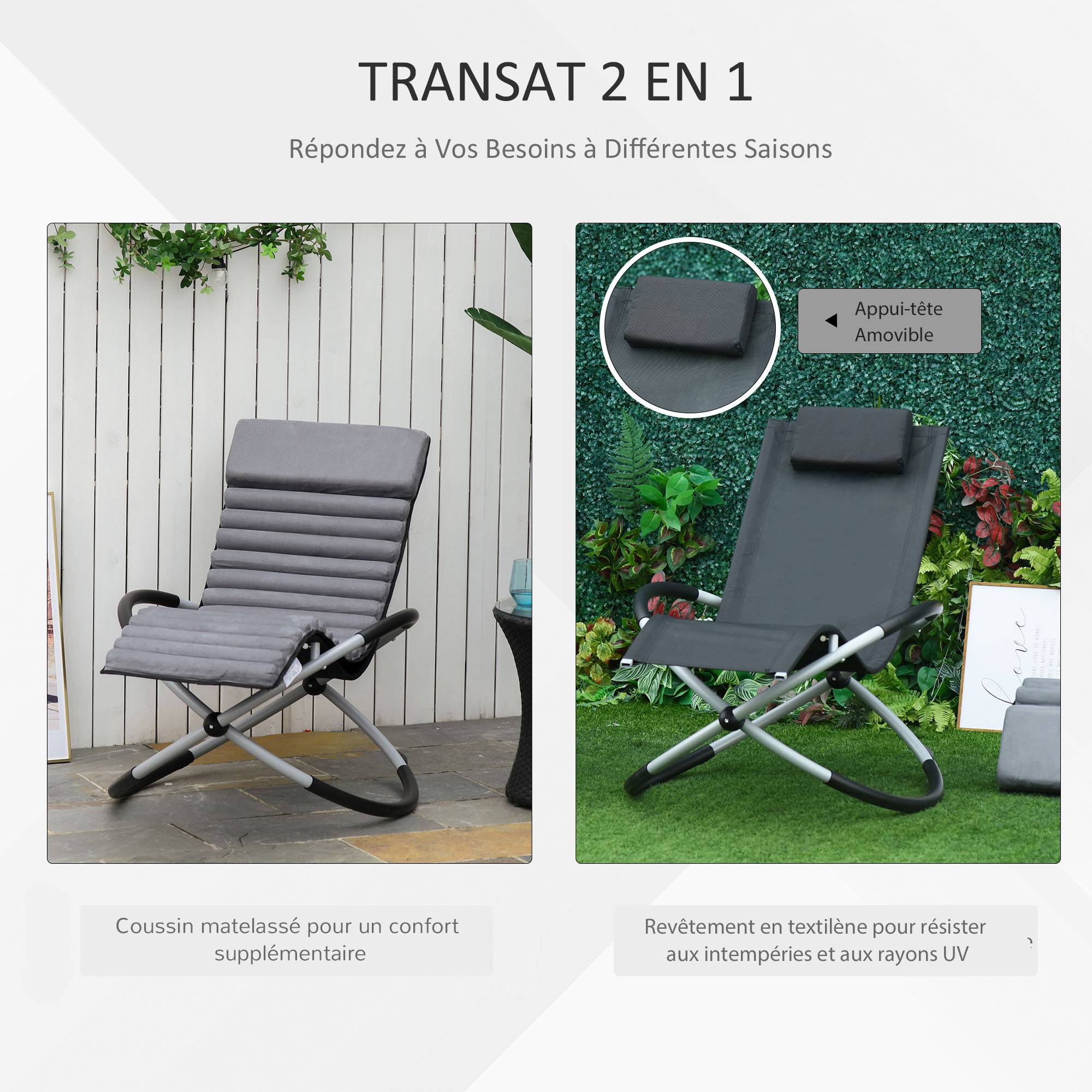 Chaise Longue à Bascule Pliable Rocking Chair avec Matelas revêtement Aspect Daim métal textilène Gris Noir - Image 5