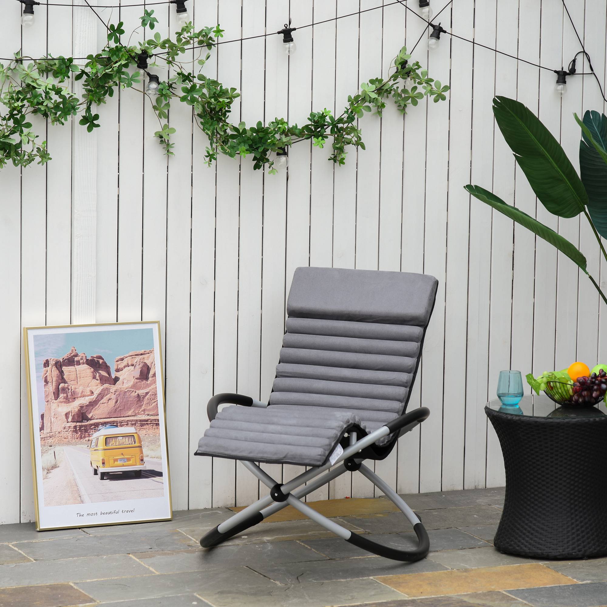 Chaise Longue à Bascule Pliable Rocking Chair avec Matelas revêtement Aspect Daim métal textilène Gris Noir - Image 2